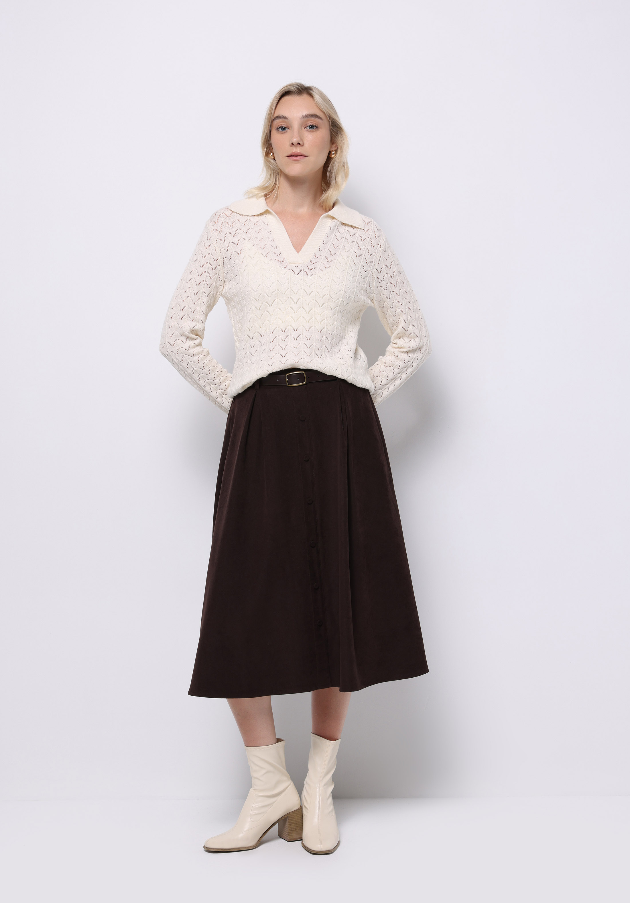 Regular Fit Polo Yaka Düz Kadın Beyaz Kazak