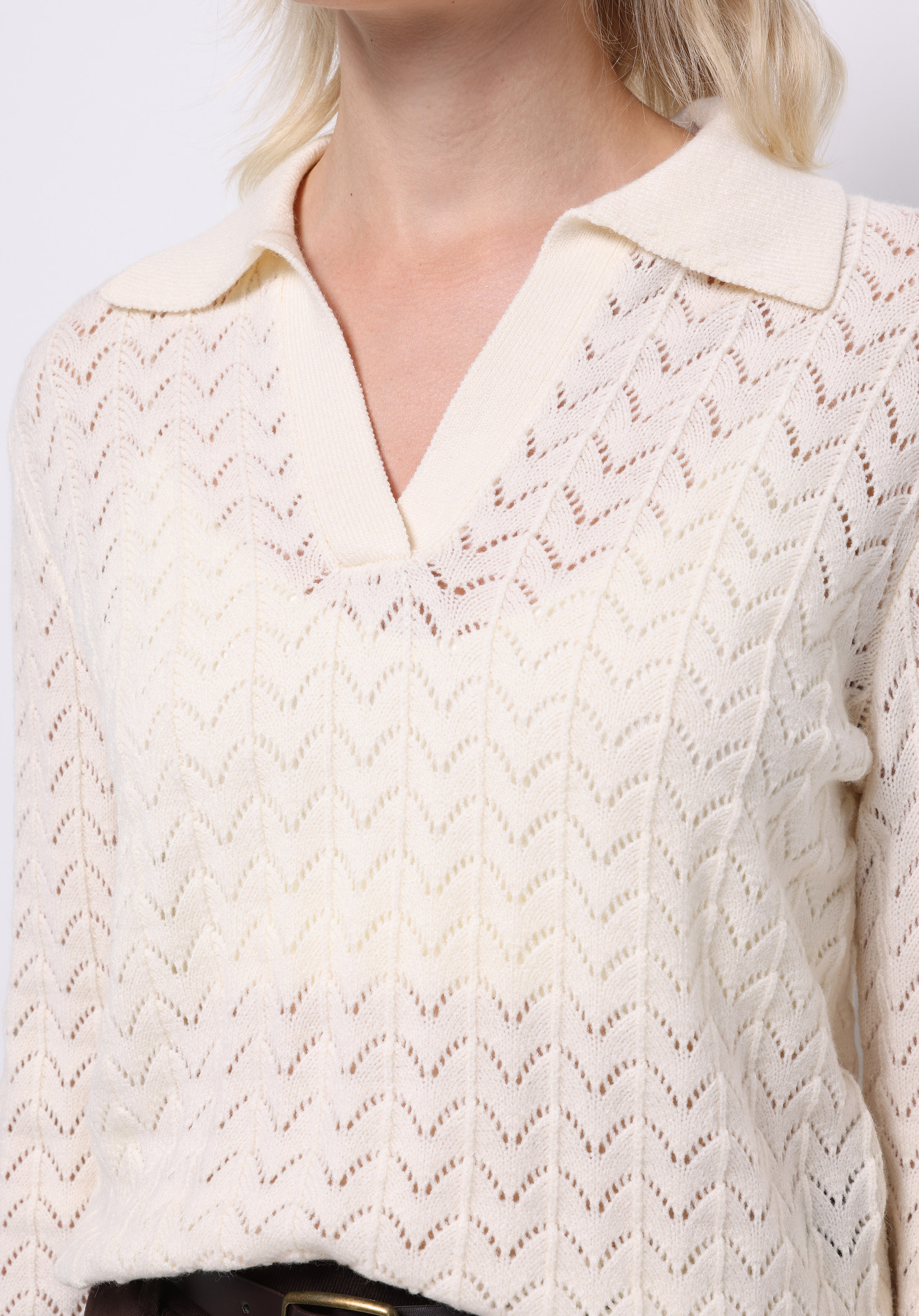 Regular Fit Polo Yaka Düz Kadın Beyaz Kazak