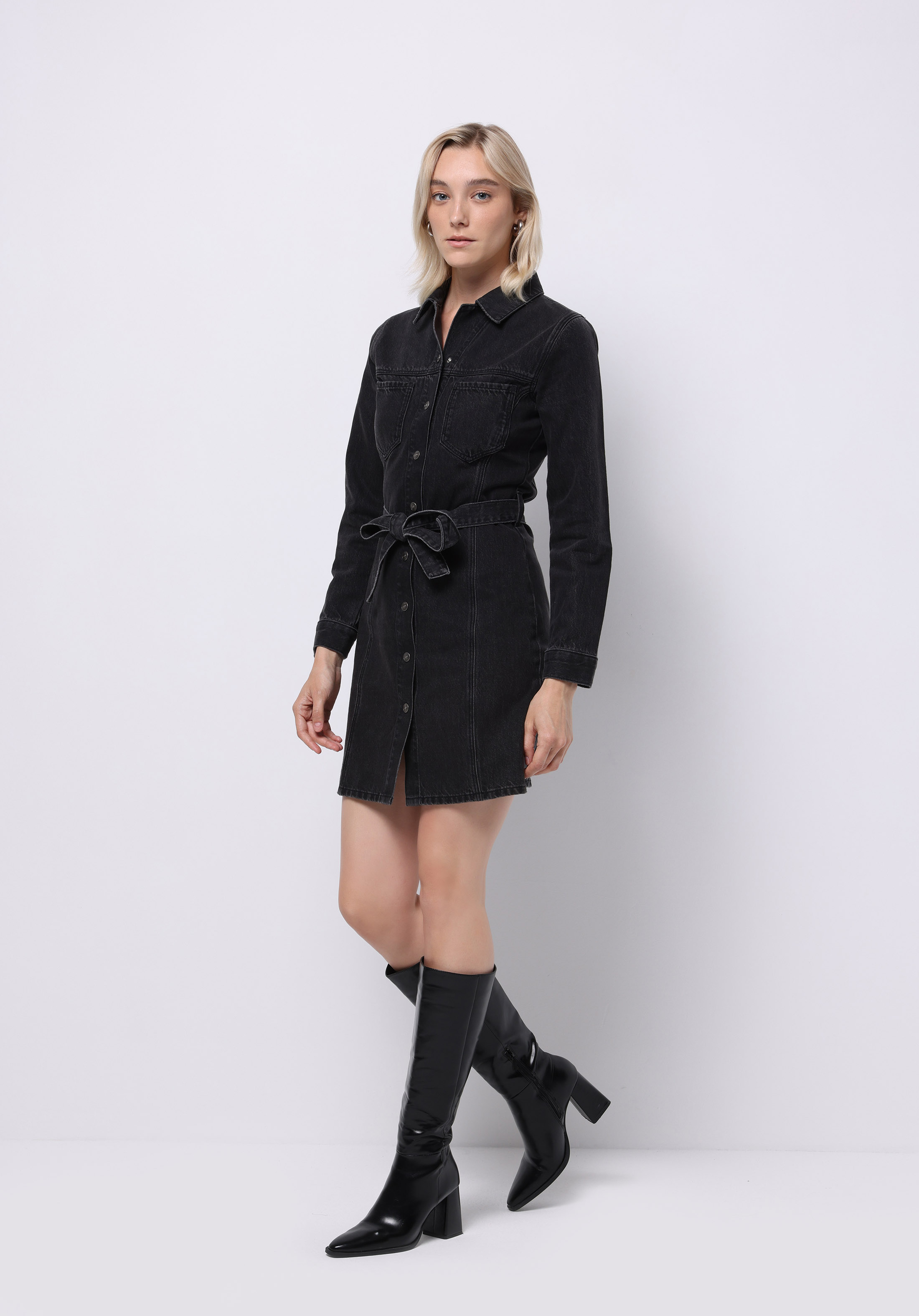 Slim Fit Düz Kadın Siyah Uzun Kol Elbise