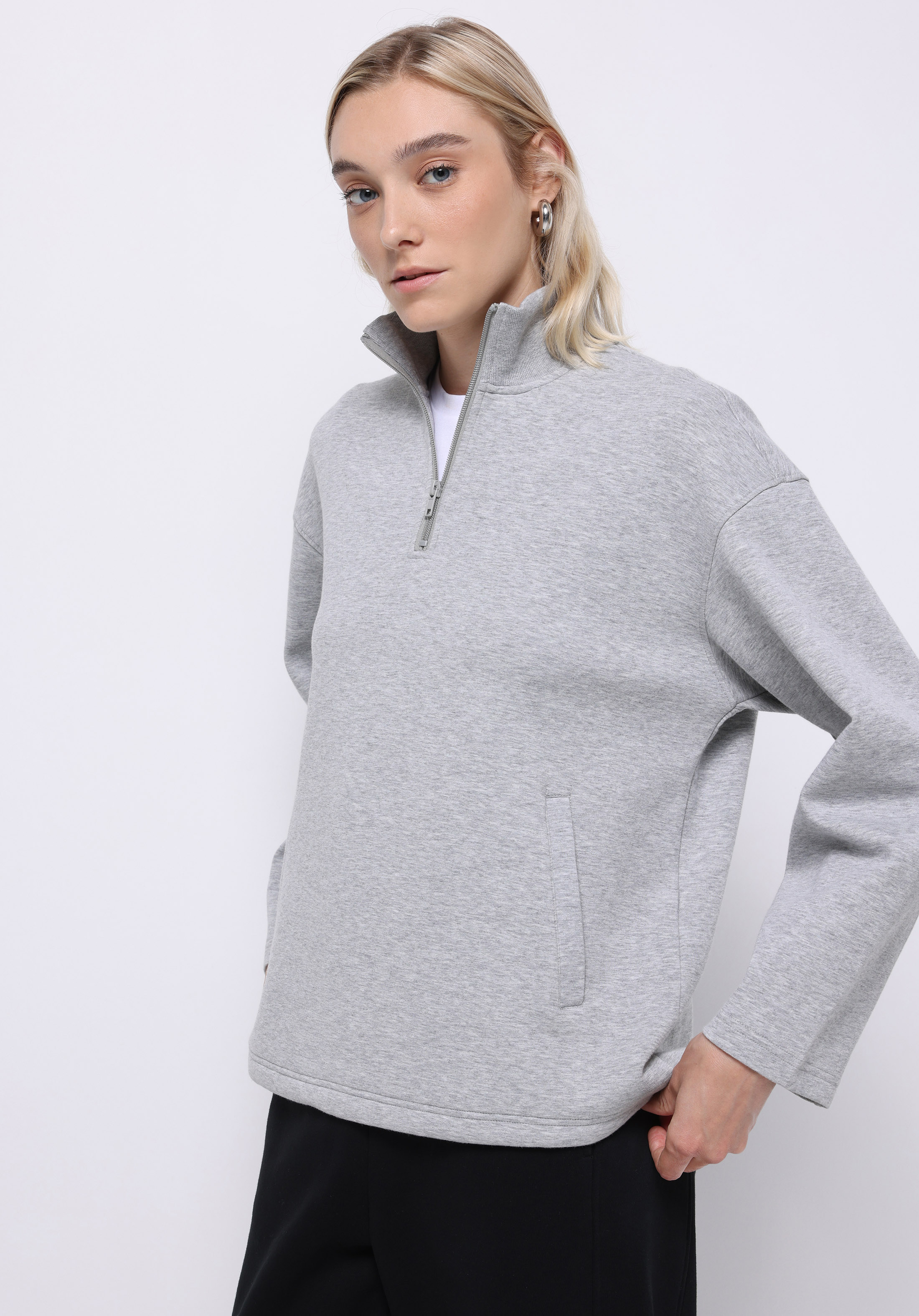 Relaxed Fit Fermuarlı Düz Kadın Gri Sweatshirt