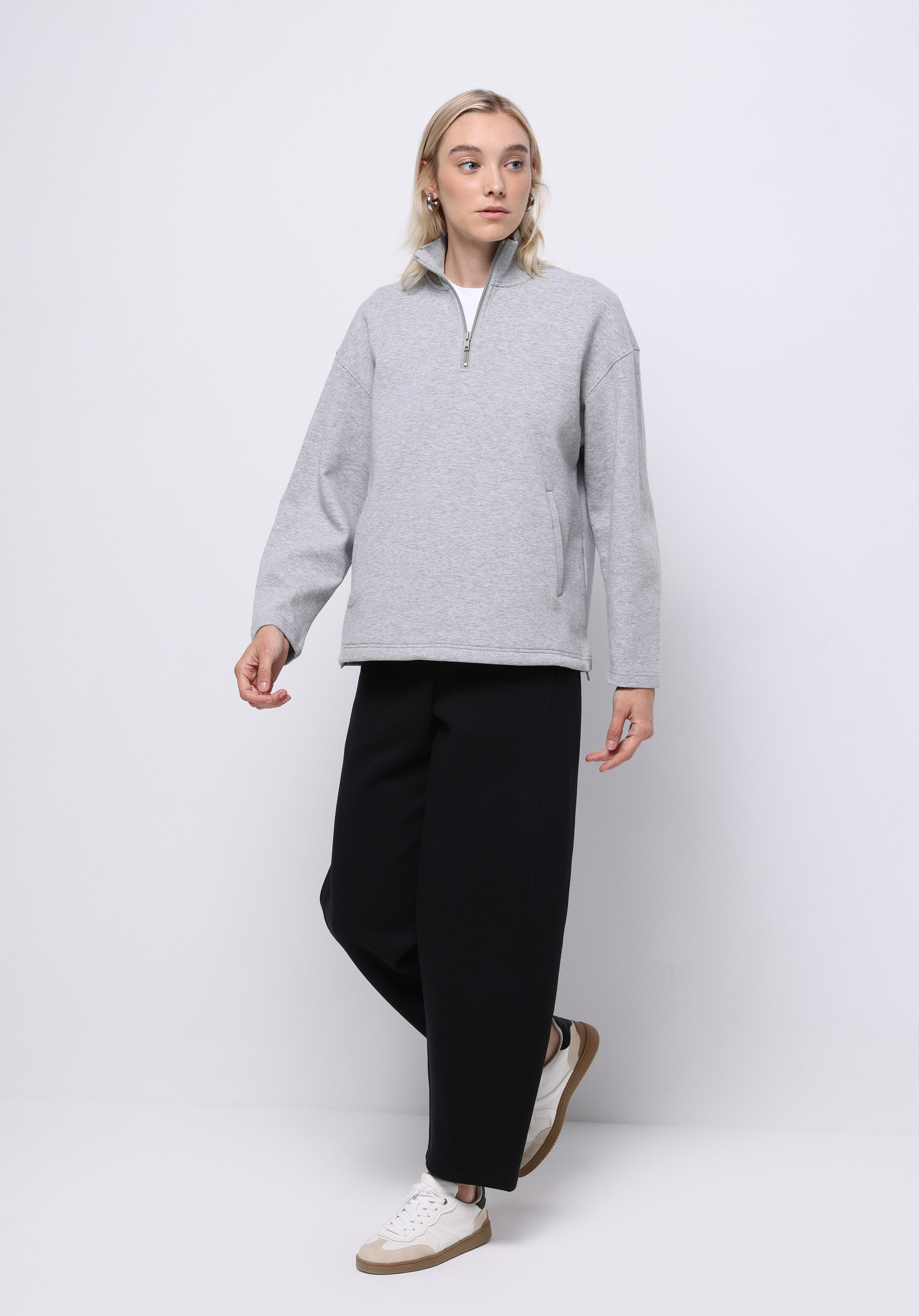 Relaxed Fit Fermuarlı Düz Kadın Gri Sweatshirt