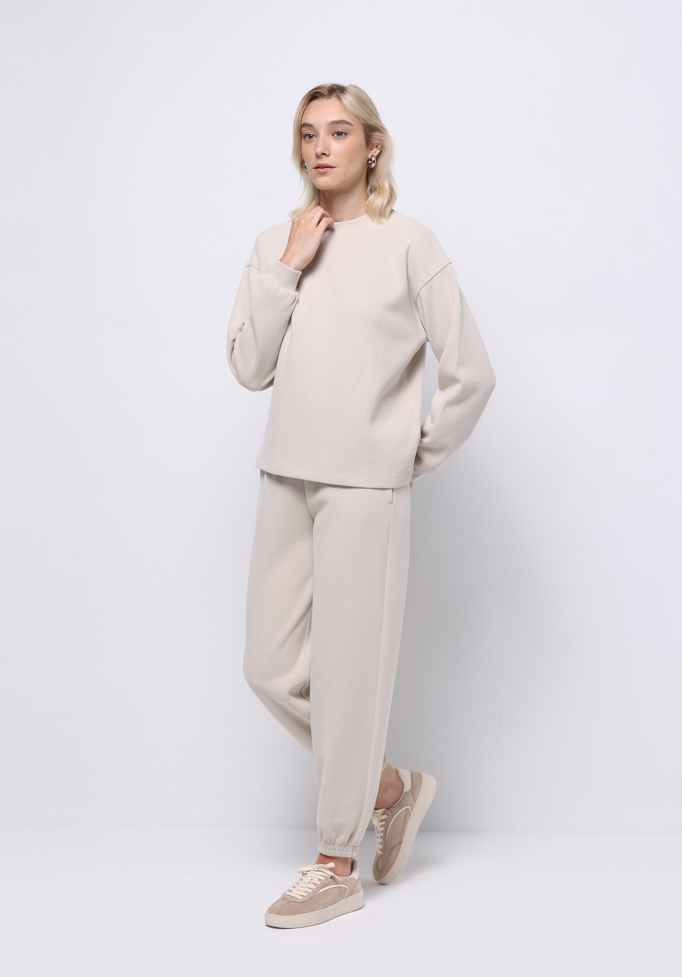 Regular Fit Orta Bel Düz Kadın Bej Eşofman Altı