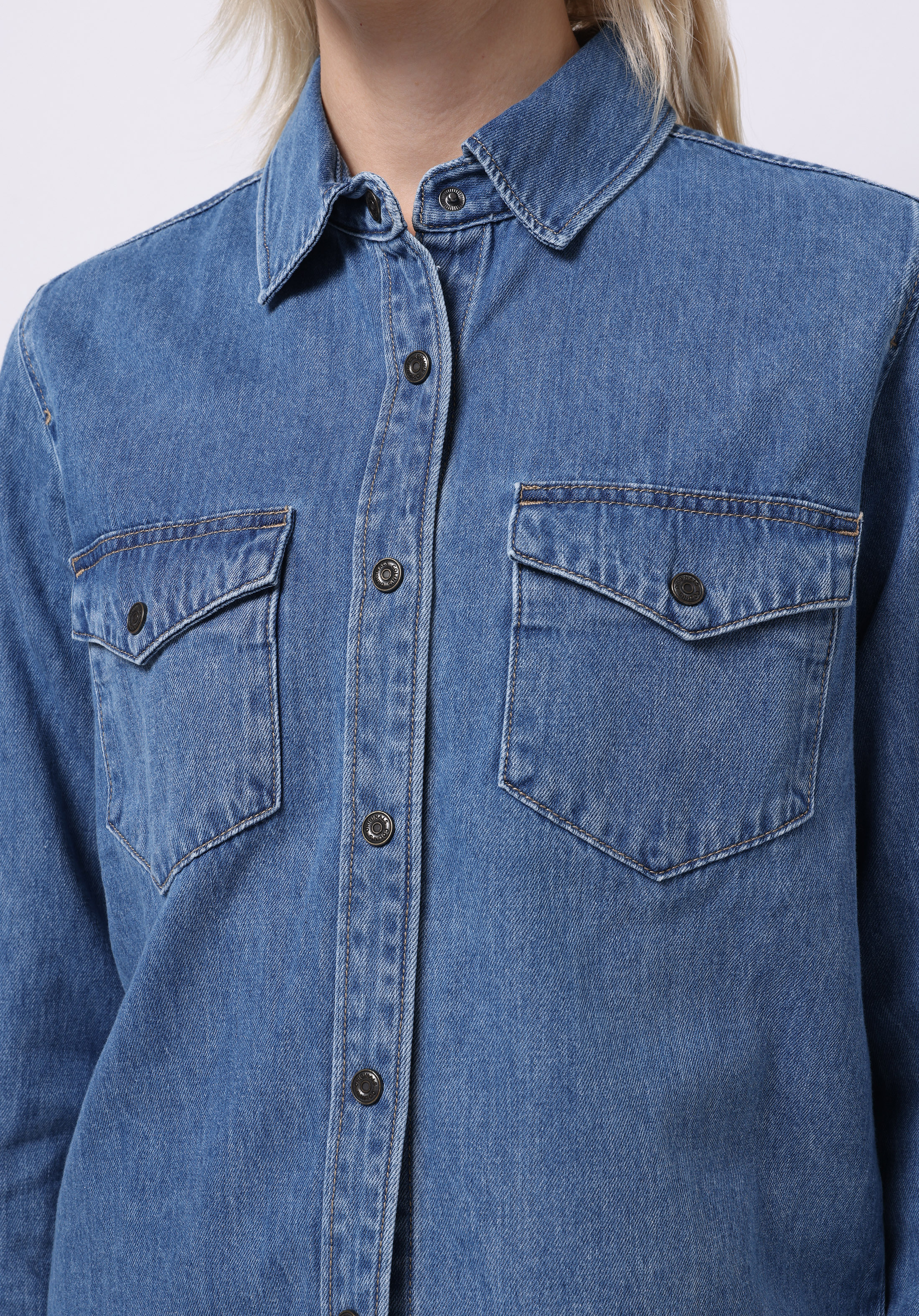 Regular Fit Yuvarlak Yaka Düz Kadın Denim Uzun Kol Gömlek