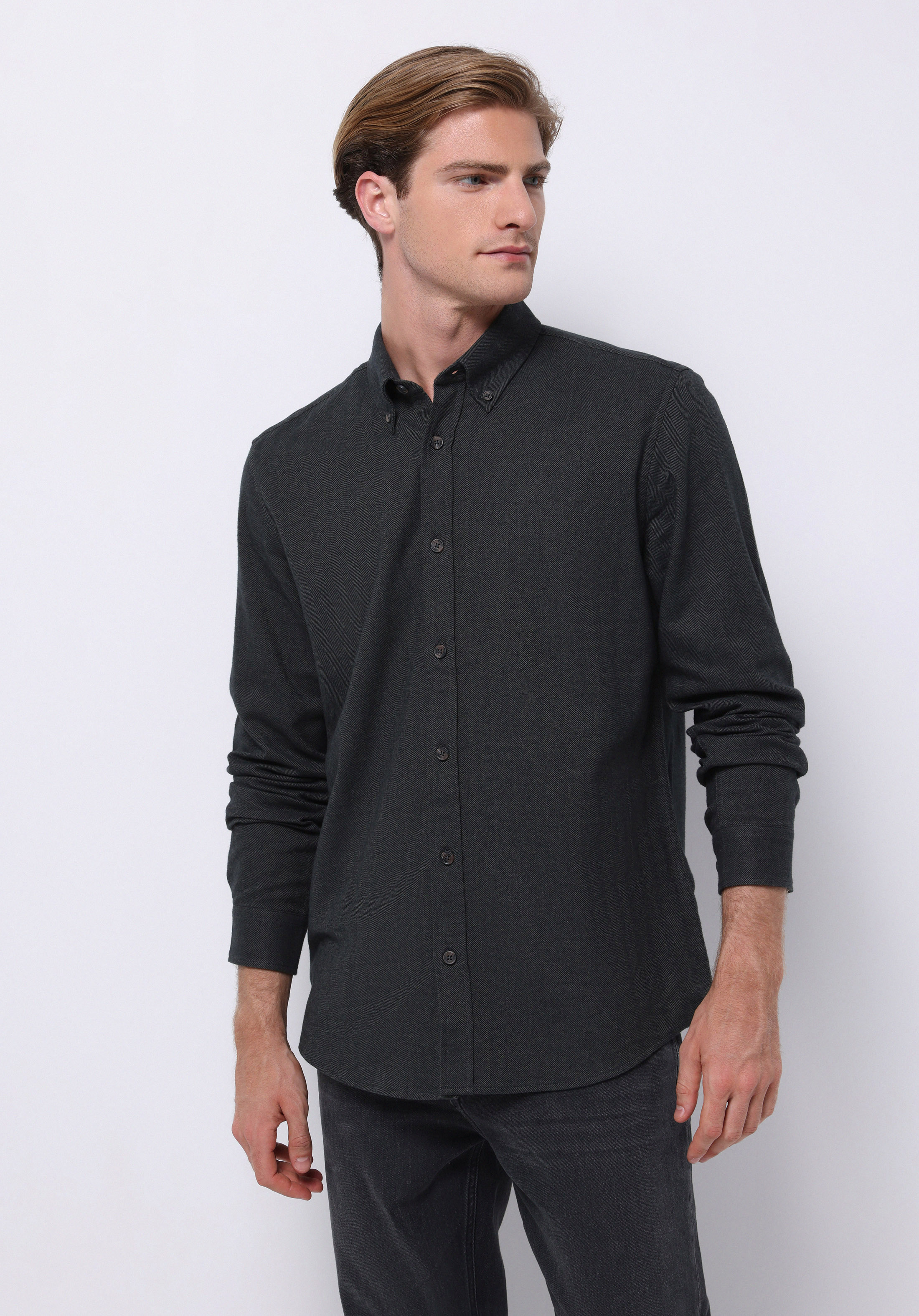 Regular Fit Shirt Neck Düz Erkek Yeşil Uzun Kol Gömlek