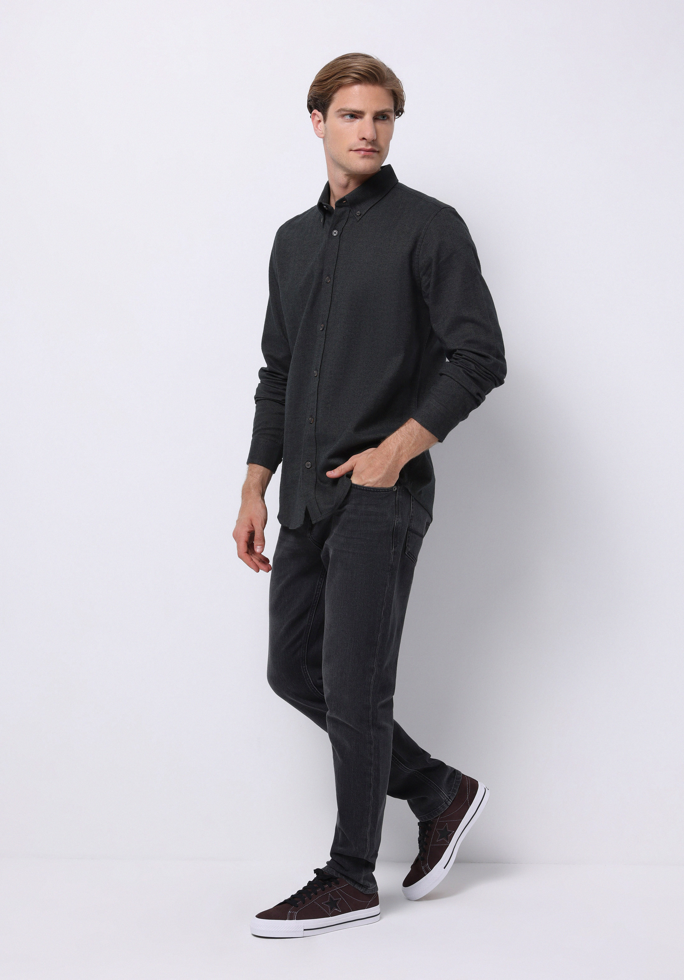 Regular Fit Shirt Neck Düz Erkek Yeşil Uzun Kol Gömlek