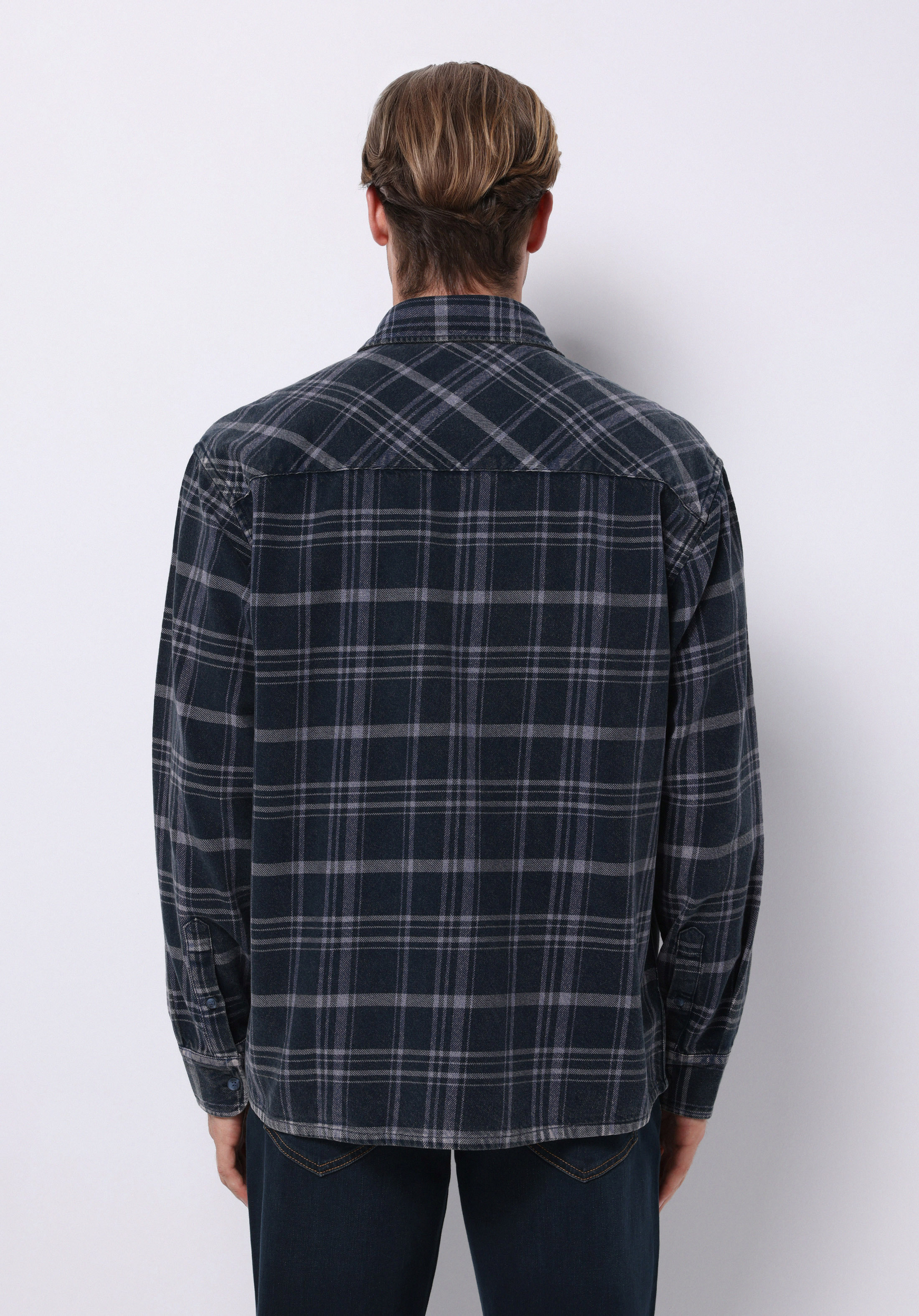 Comfort Fit Shirt Neck Ekoseli Erkek Mavi Uzun Kol Gömlek