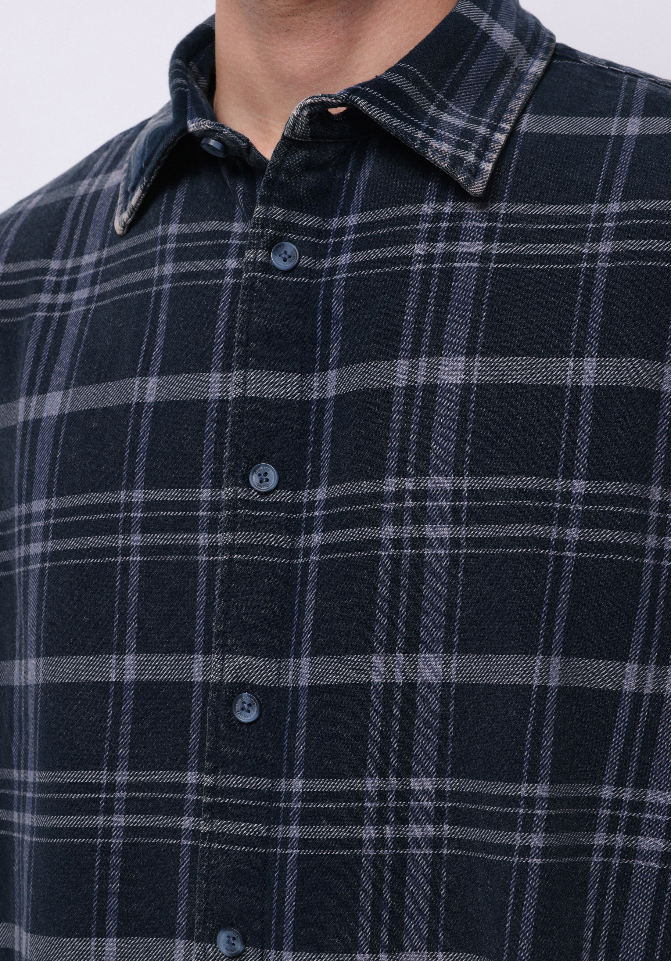 Comfort Fit Shirt Neck Ekoseli Erkek Mavi Uzun Kol Gömlek