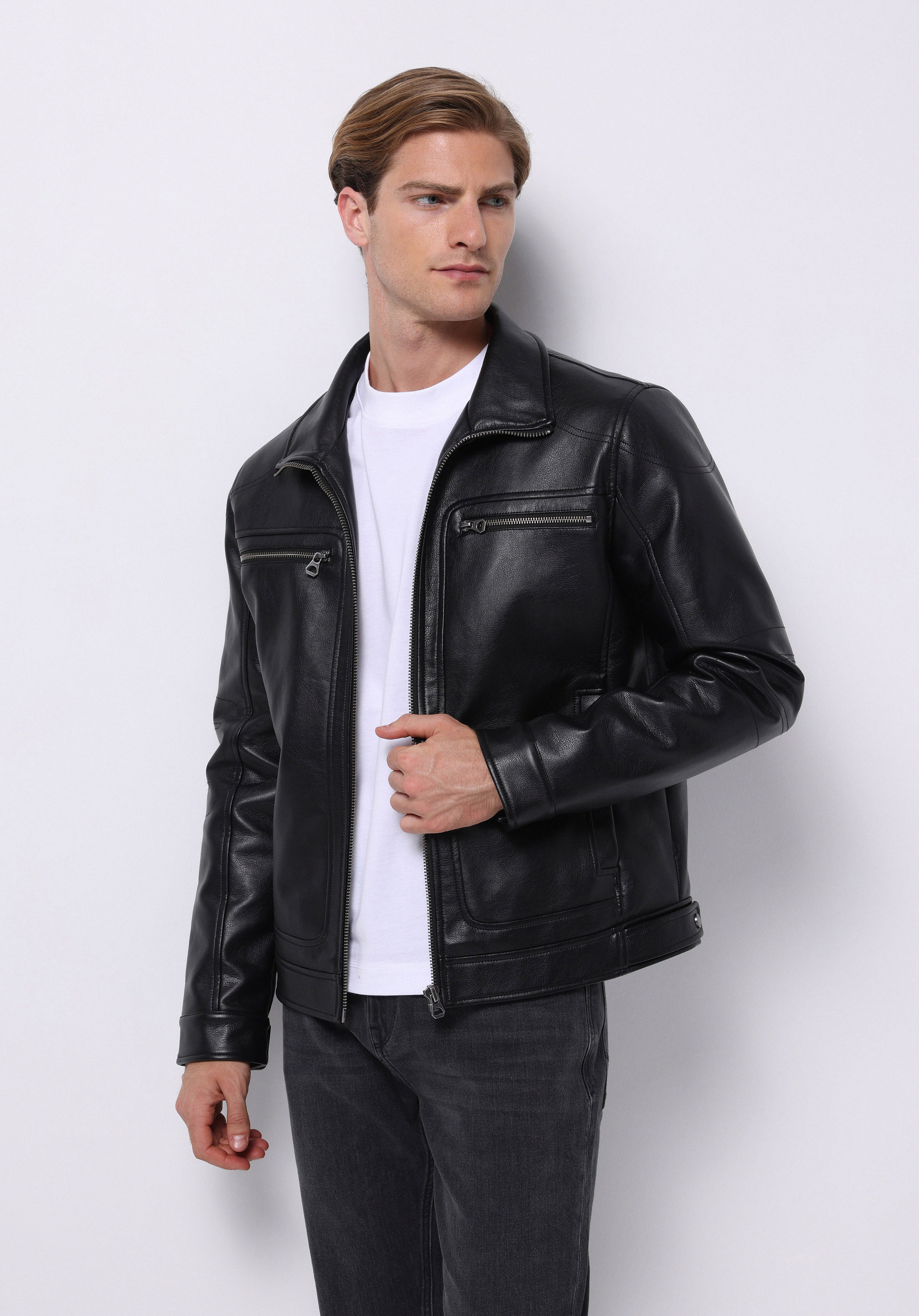 Slim Fit     Erkek Siyah Mont Pu