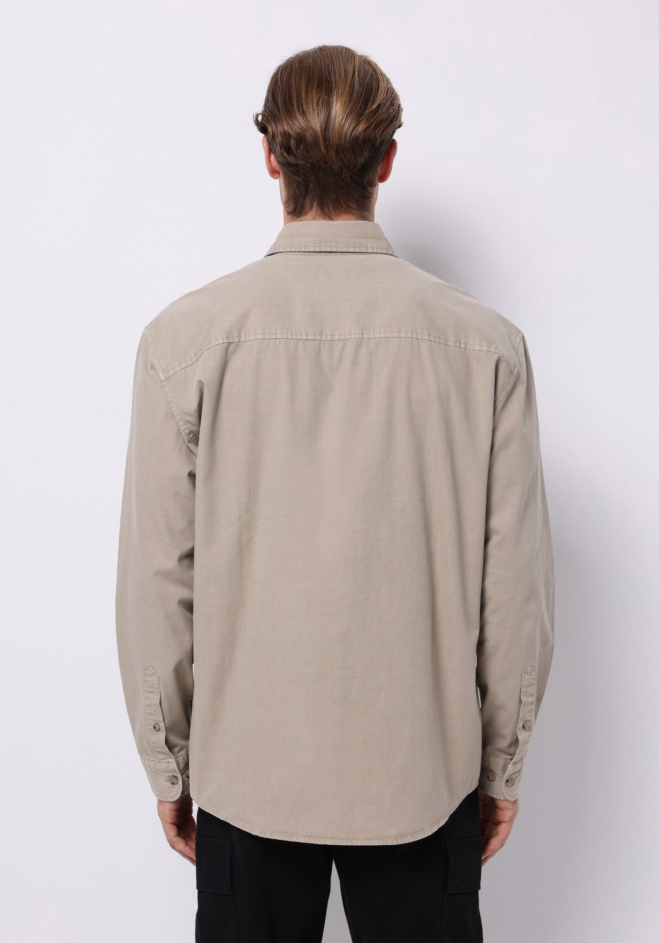 Comfort Fit Shirt Neck Düz Erkek Bej Uzun Kol Gömlek