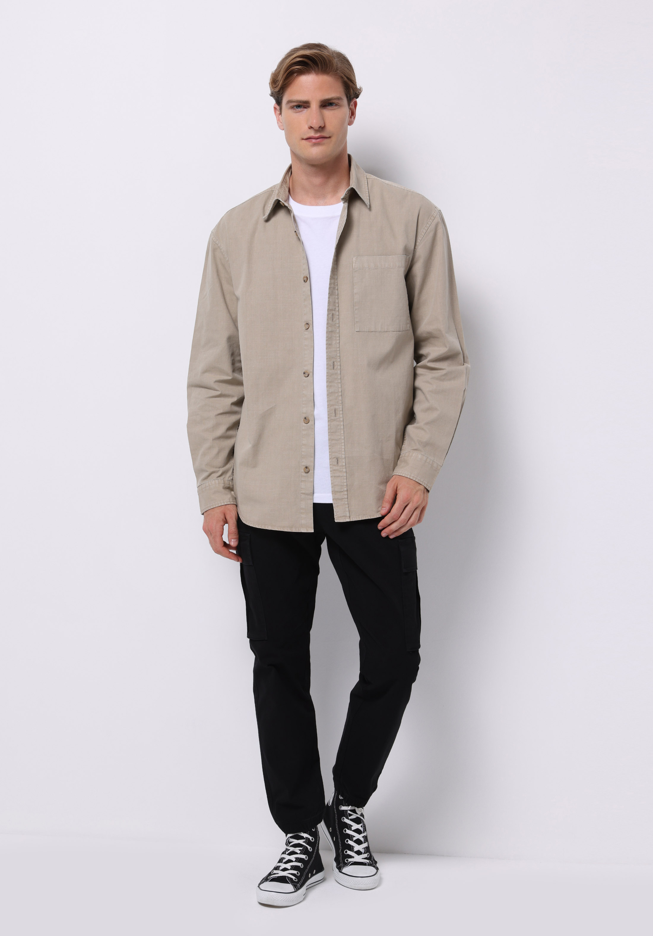 Comfort Fit Shirt Neck Düz Erkek Bej Uzun Kol Gömlek