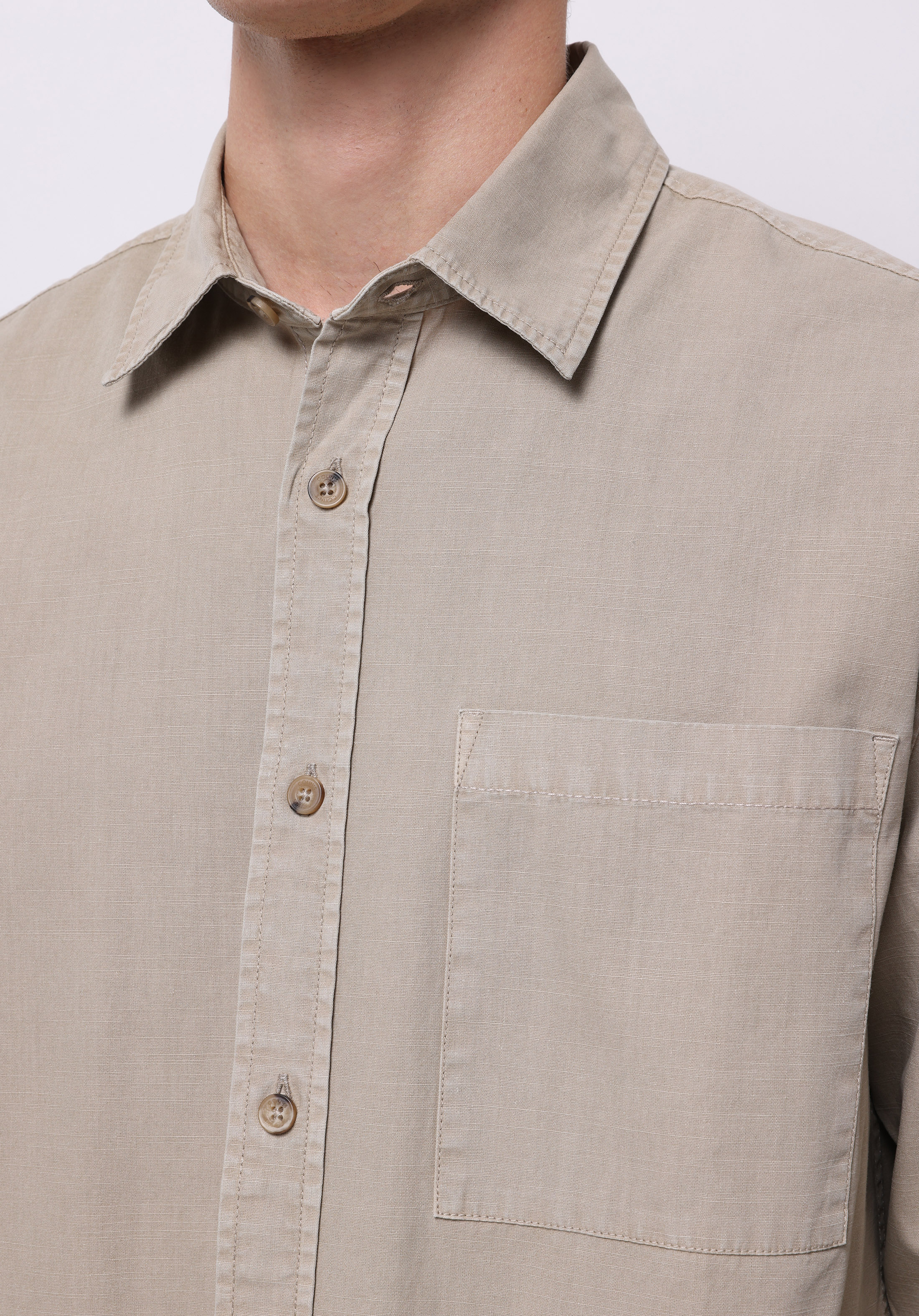 Comfort Fit Shirt Neck Düz Erkek Bej Uzun Kol Gömlek