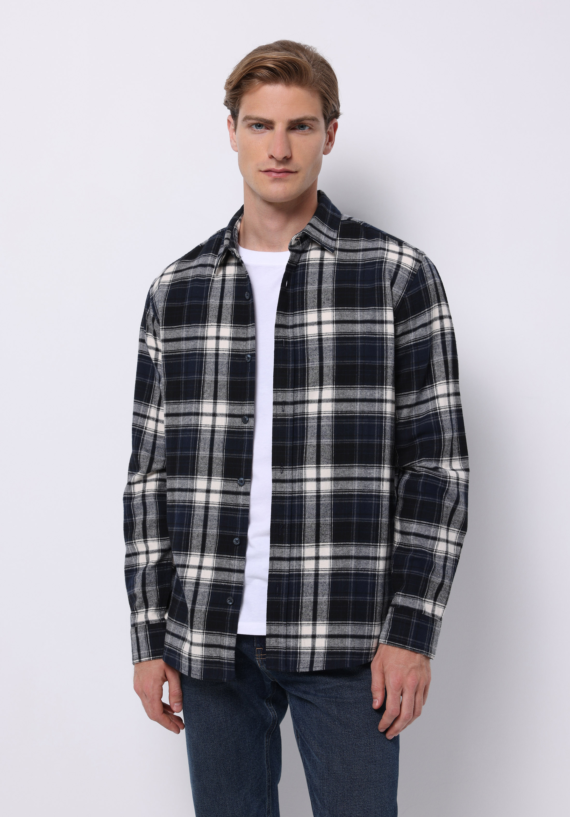 Regular Fit Shirt Neck Ekoseli Erkek Lacivert Uzun Kol Gömlek