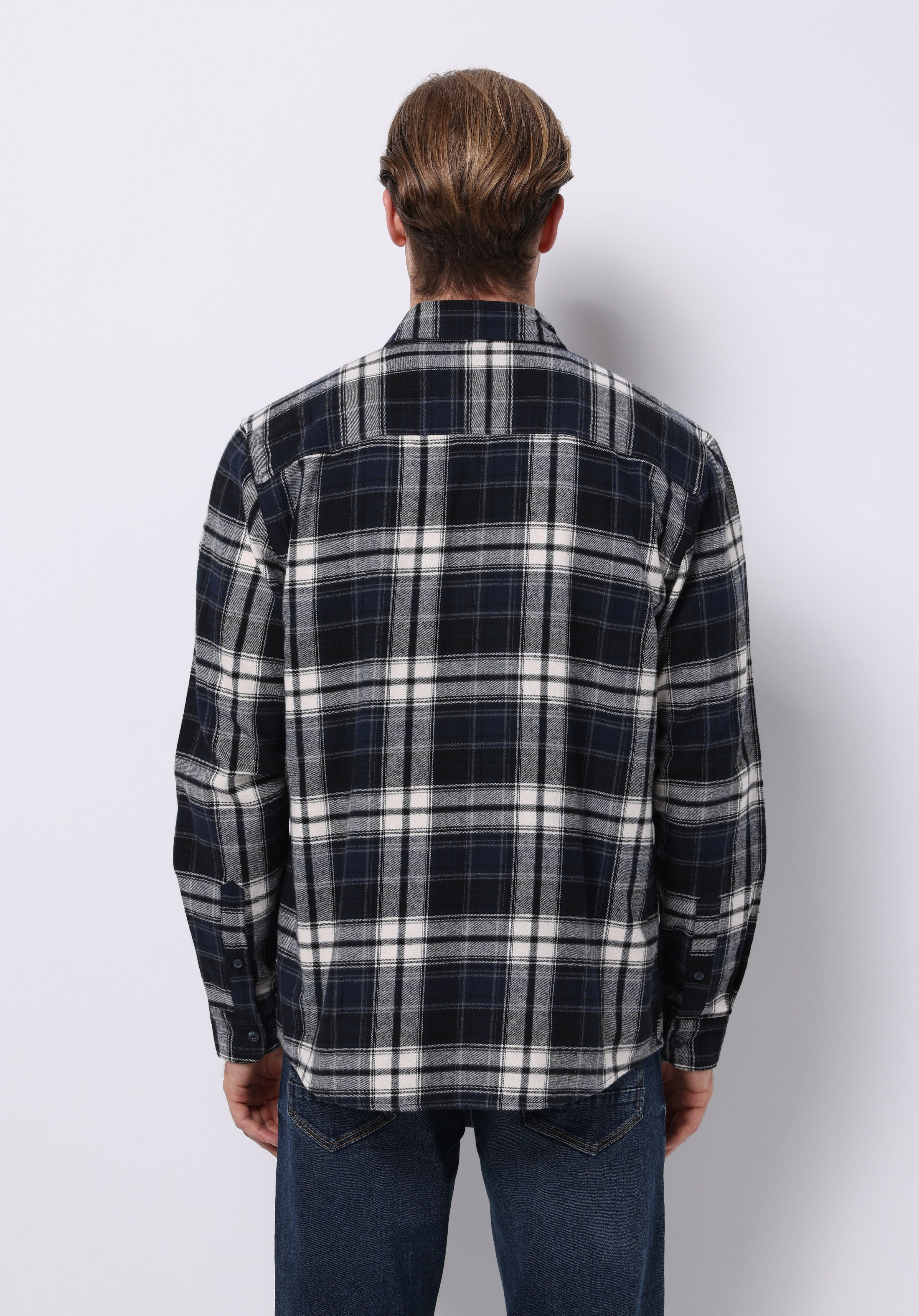 Regular Fit Shirt Neck Ekoseli Erkek Lacivert Uzun Kol Gömlek