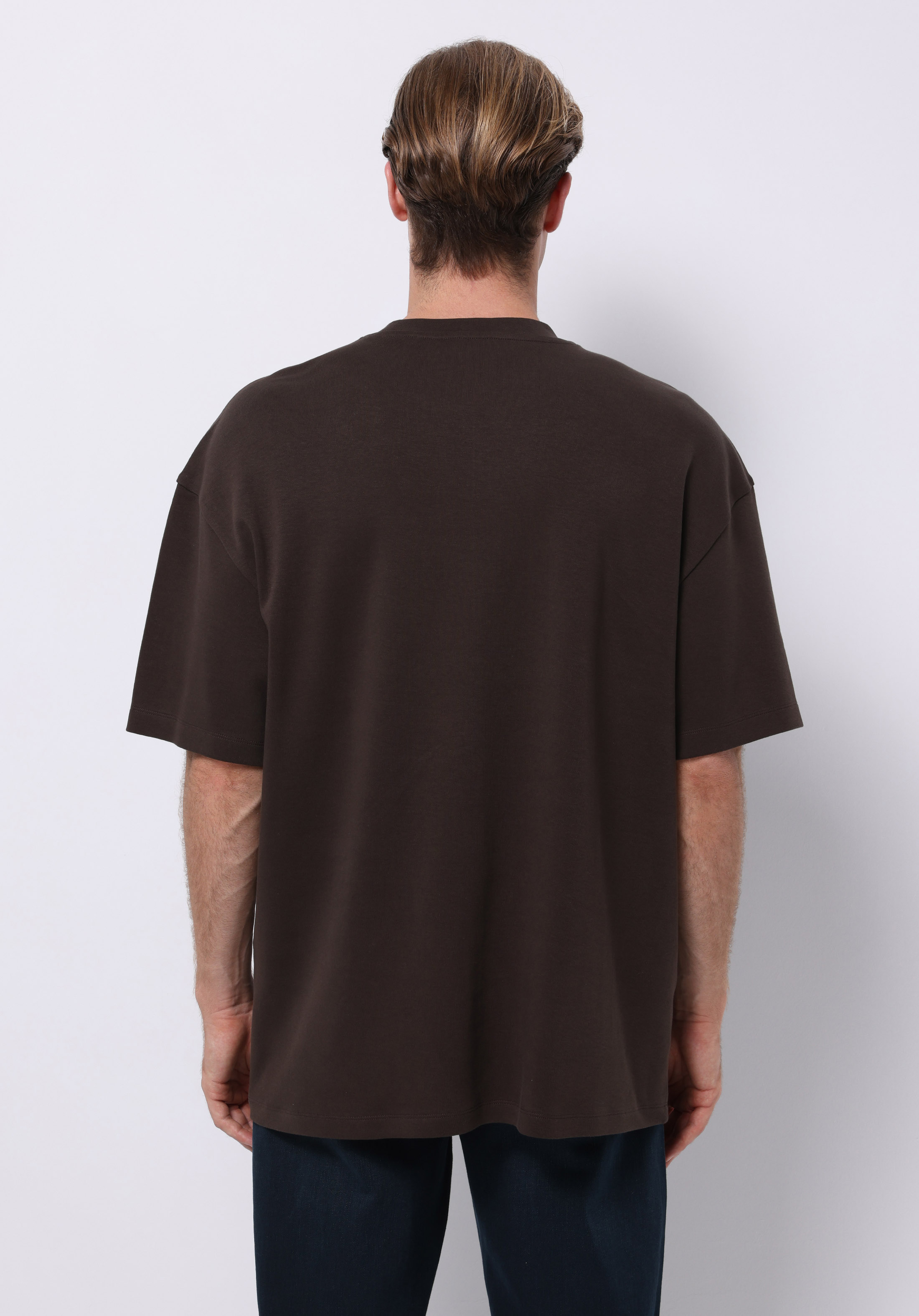 Oversize Fit Yuvarlak Yaka Düz Erkek Kahverengi Kısa Kol Tişört