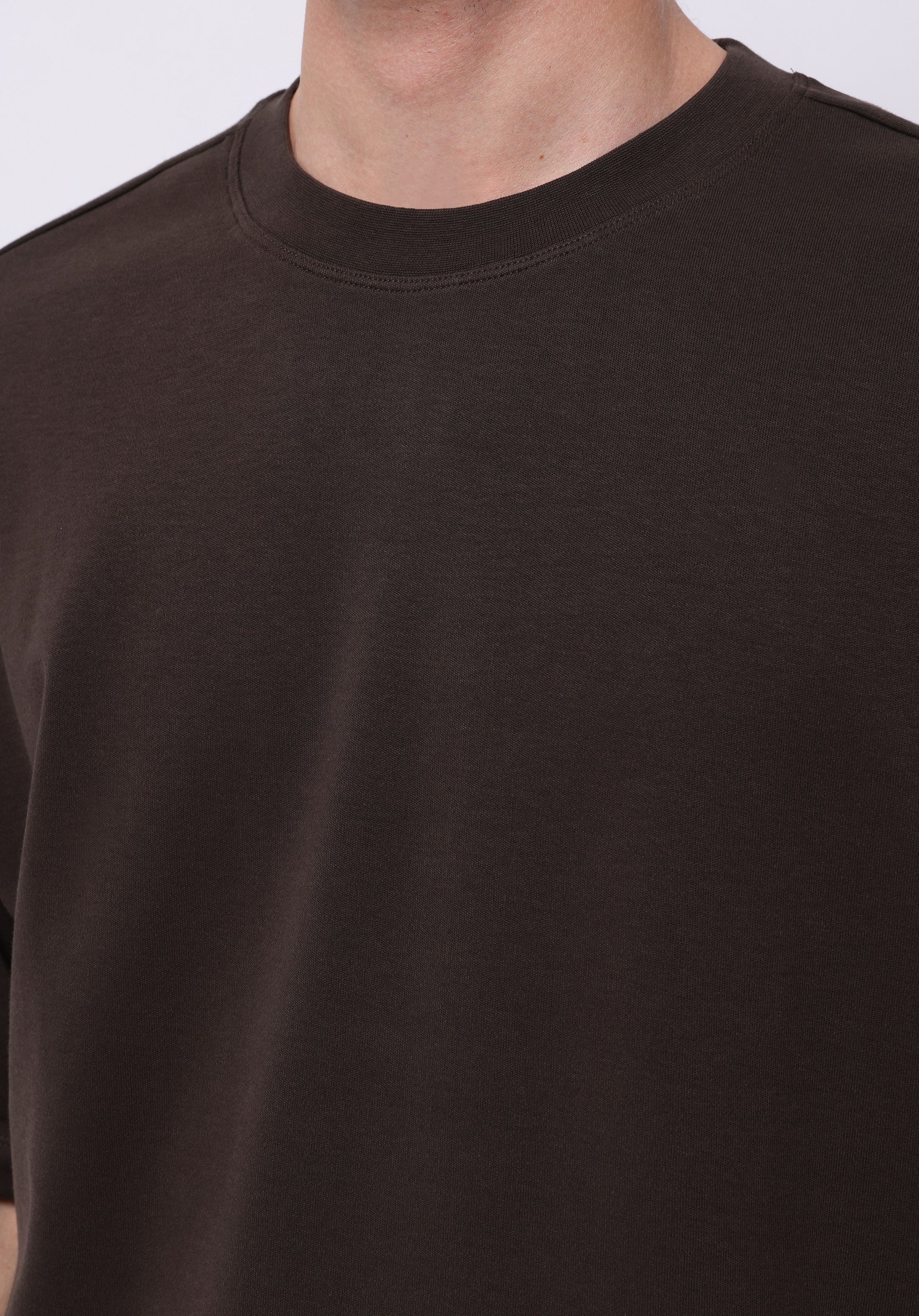 Oversize Fit Yuvarlak Yaka Düz Erkek Kahverengi Kısa Kol Tişört