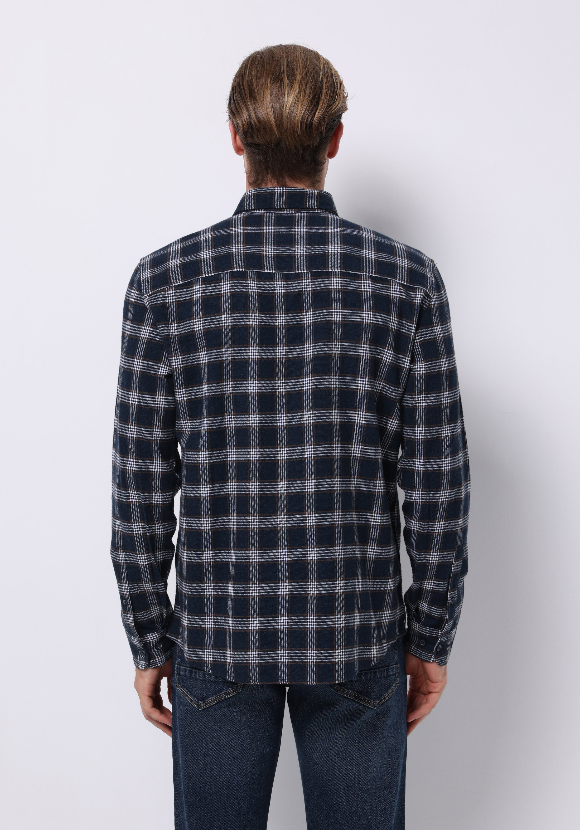 Slim Fit Shirt Neck Ekoseli Erkek Lacivert Uzun Kol Gömlek