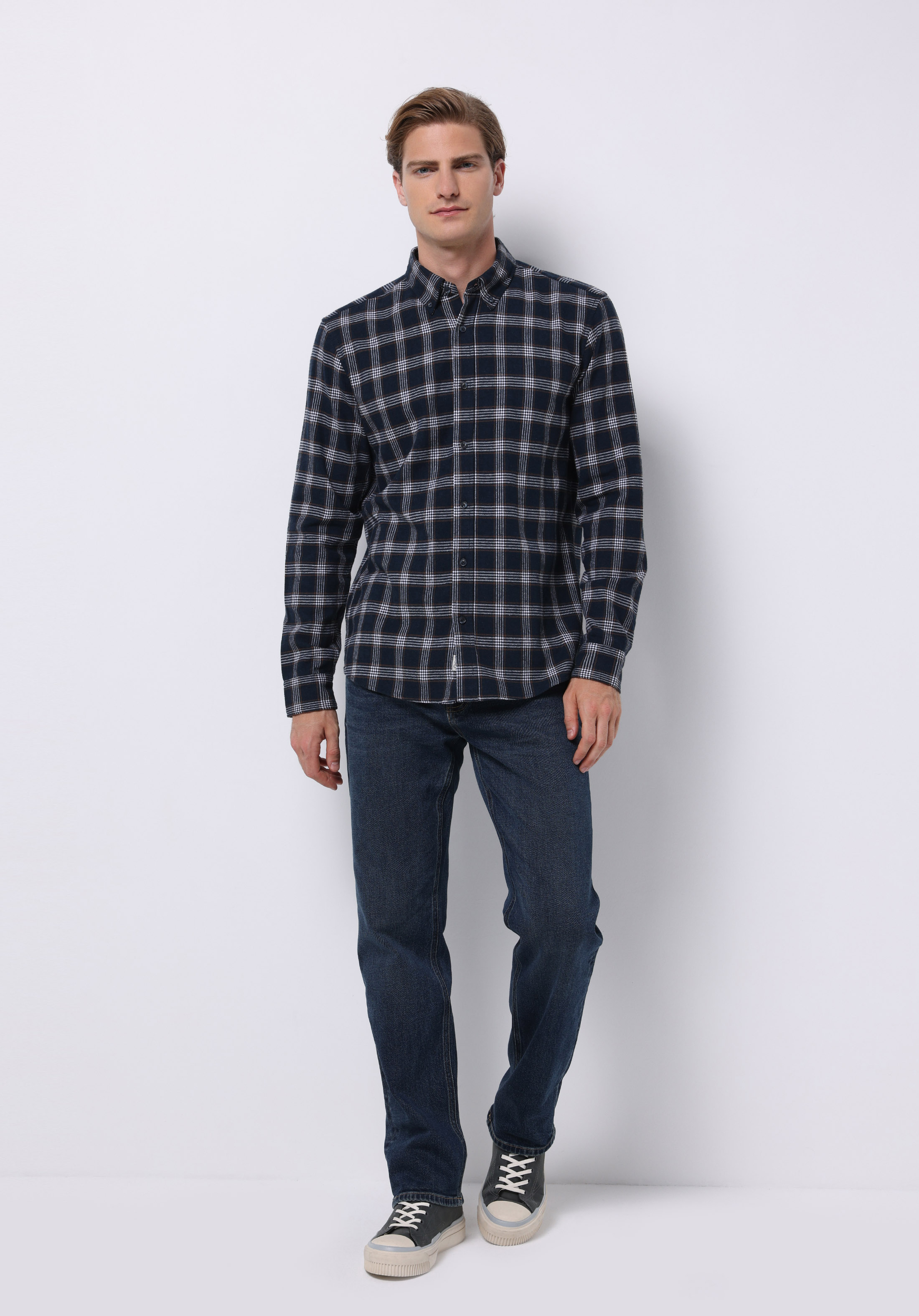 Slim Fit Shirt Neck Ekoseli Erkek Lacivert Uzun Kol Gömlek