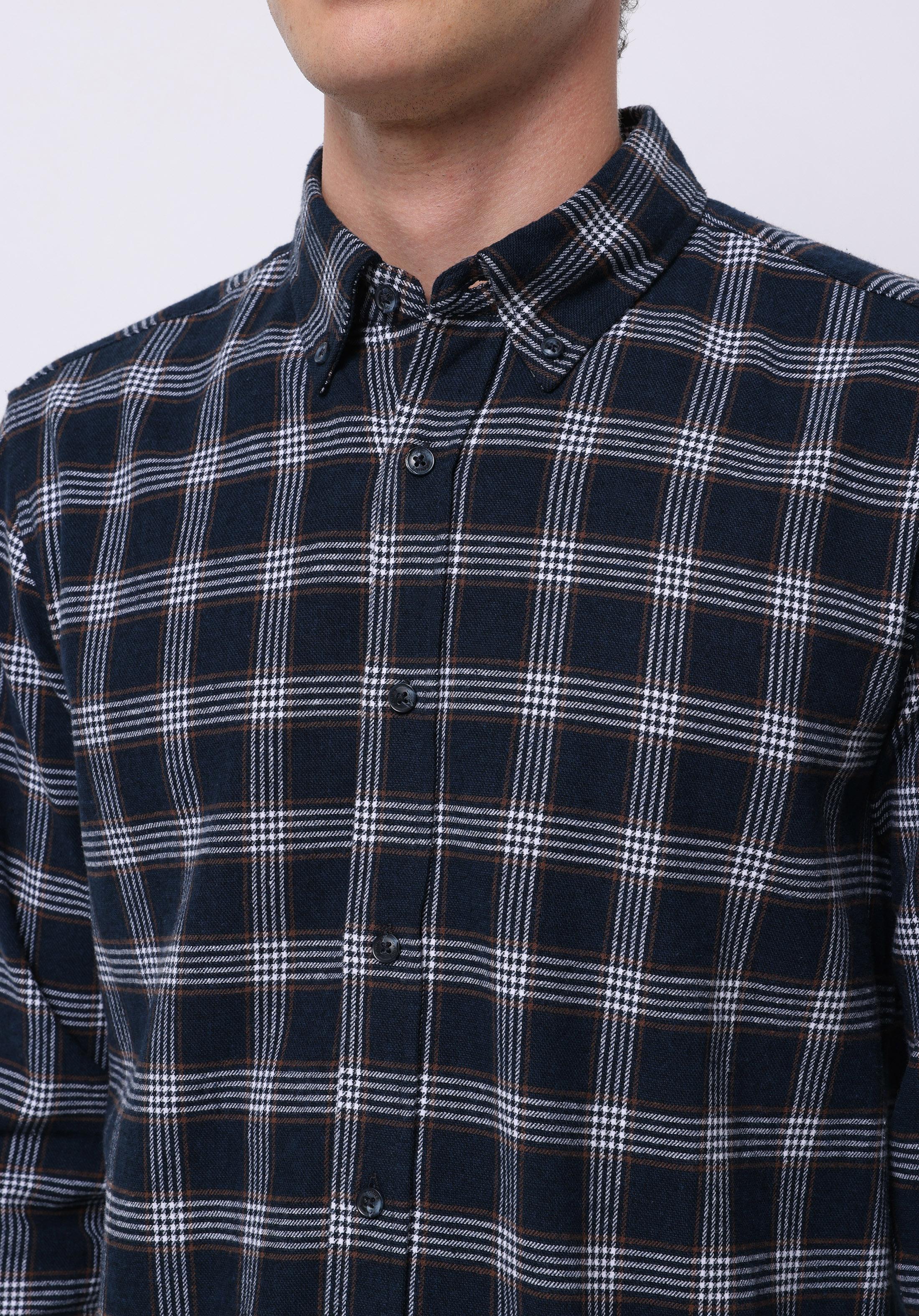 Slim Fit Shirt Neck Ekoseli Erkek Lacivert Uzun Kol Gömlek