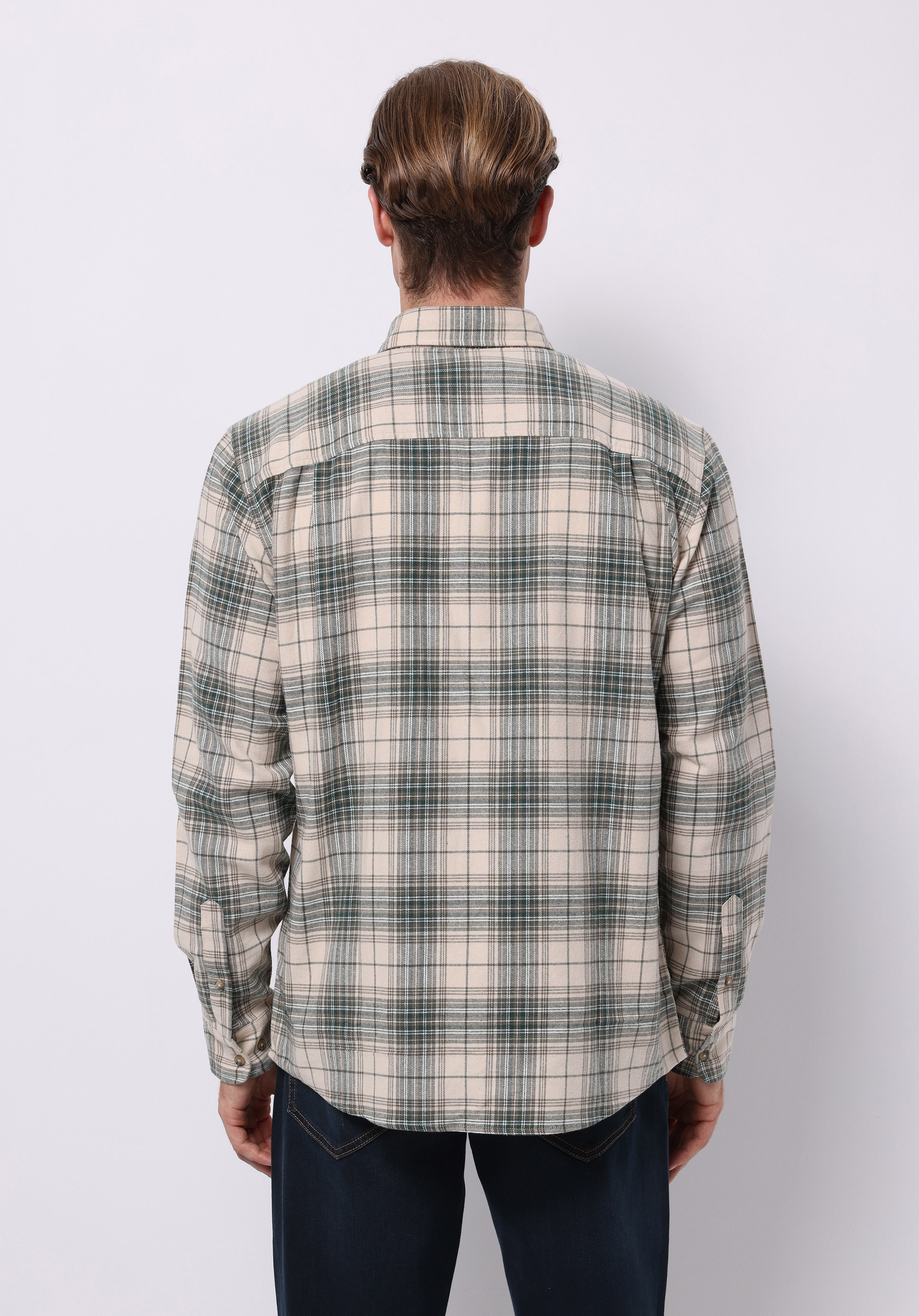 Regular Fit Shirt Neck Ekoseli Erkek Bej Uzun Kol Gömlek