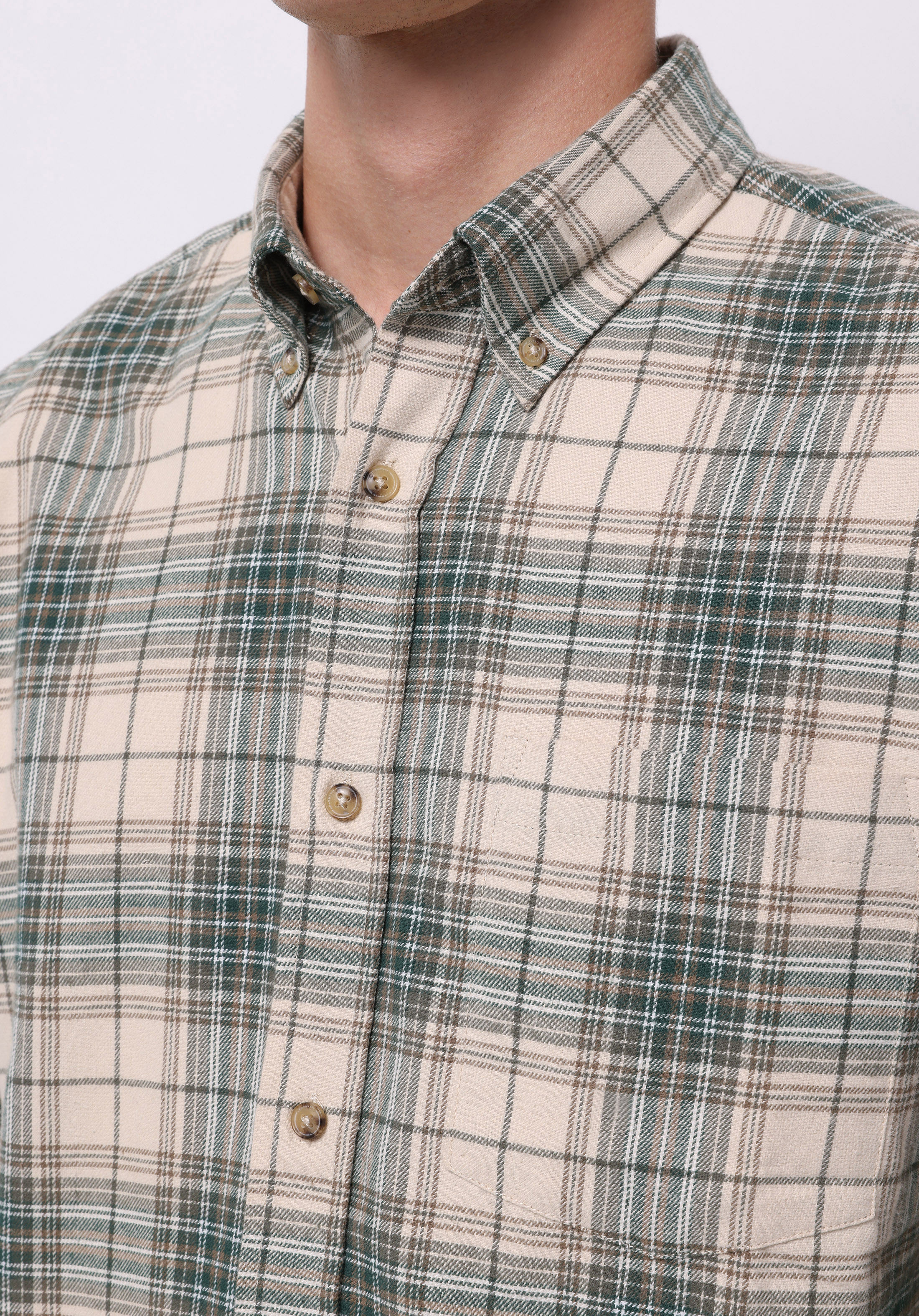 Regular Fit Shirt Neck Ekoseli Erkek Bej Uzun Kol Gömlek