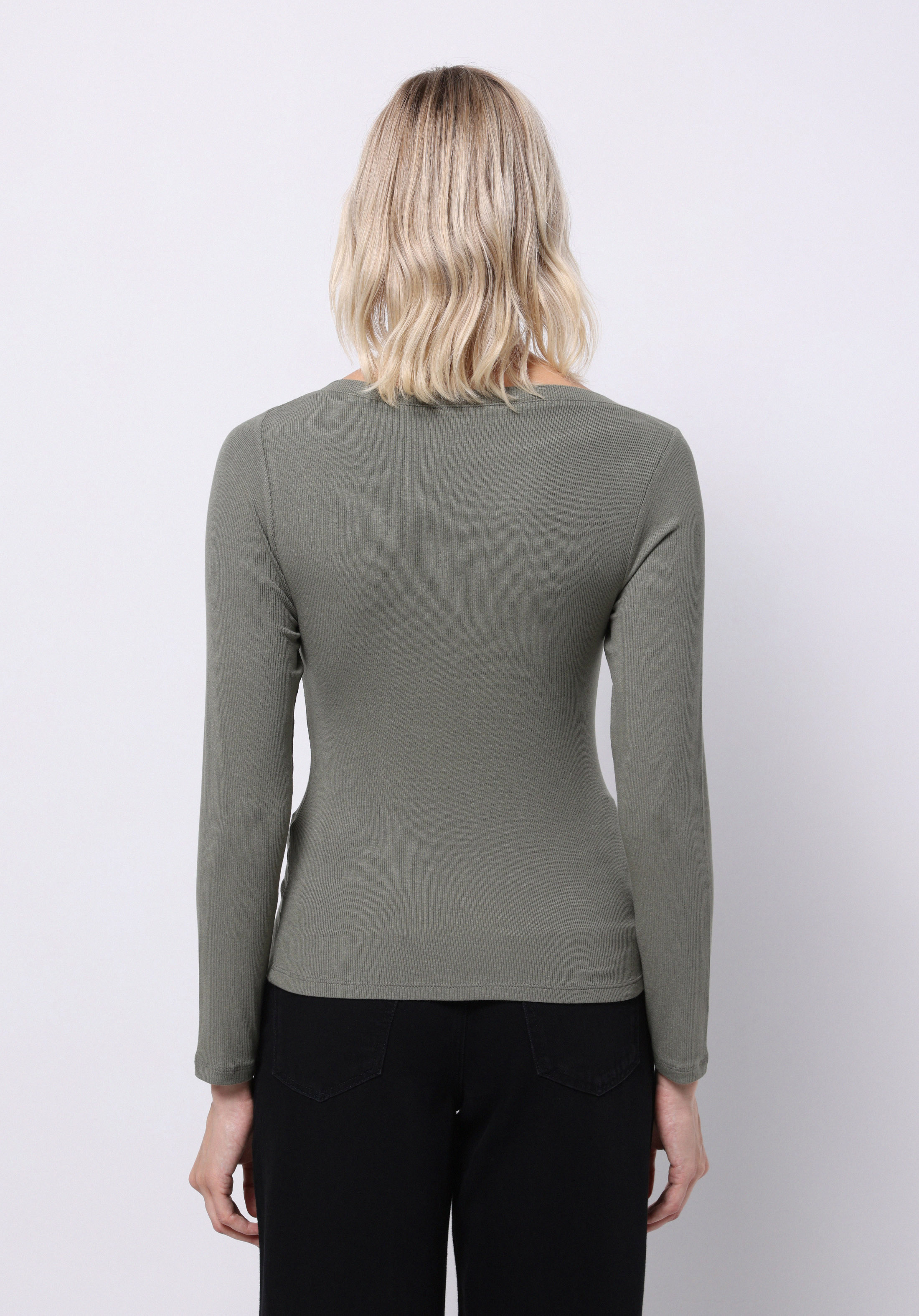 Slim Fit Kayık Yaka Düz Kadın Yeşil Uzun Kol Tişört