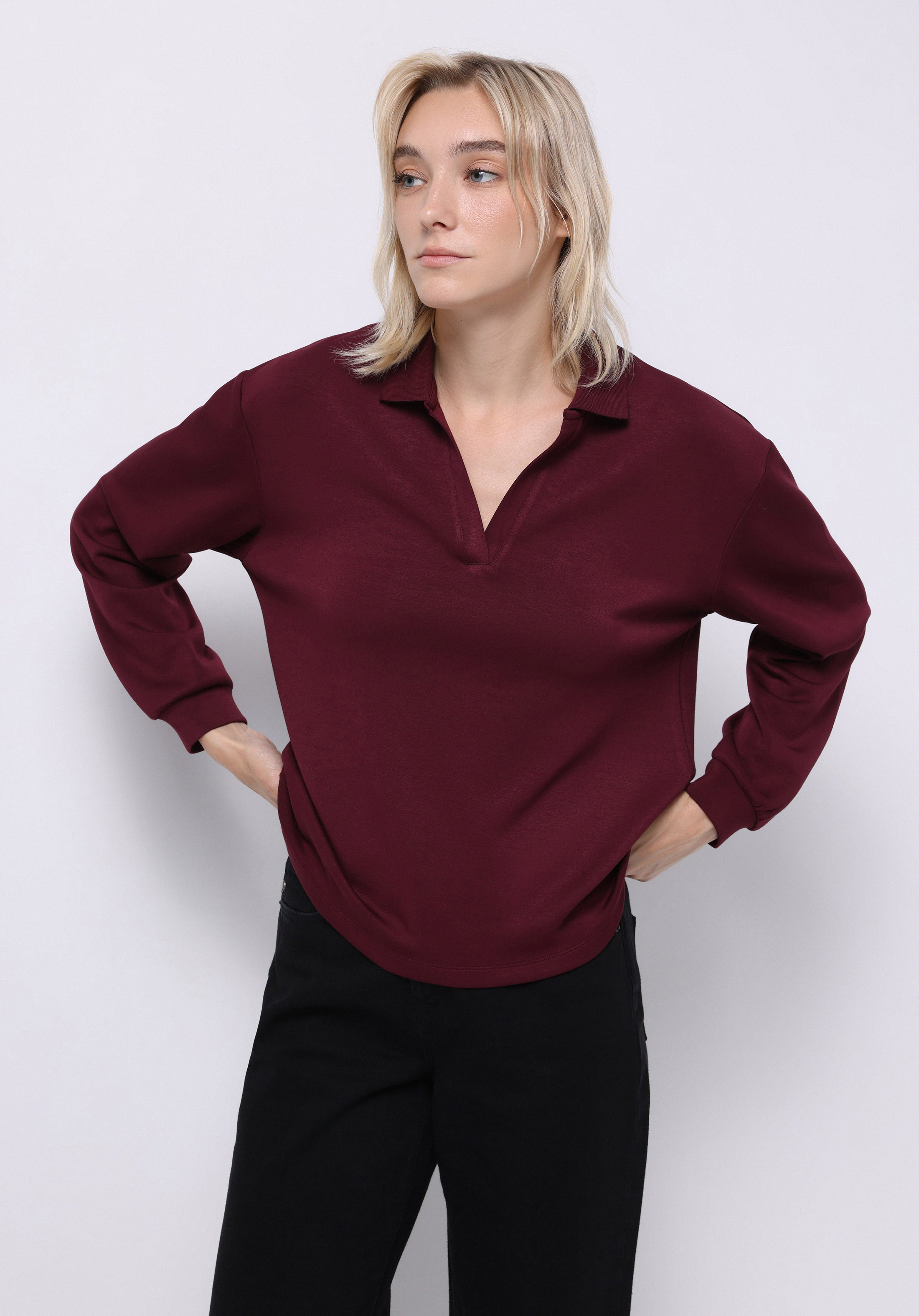 Regular Fit Polo Yaka Düz Kadın Mor Uzun Kol Tişört