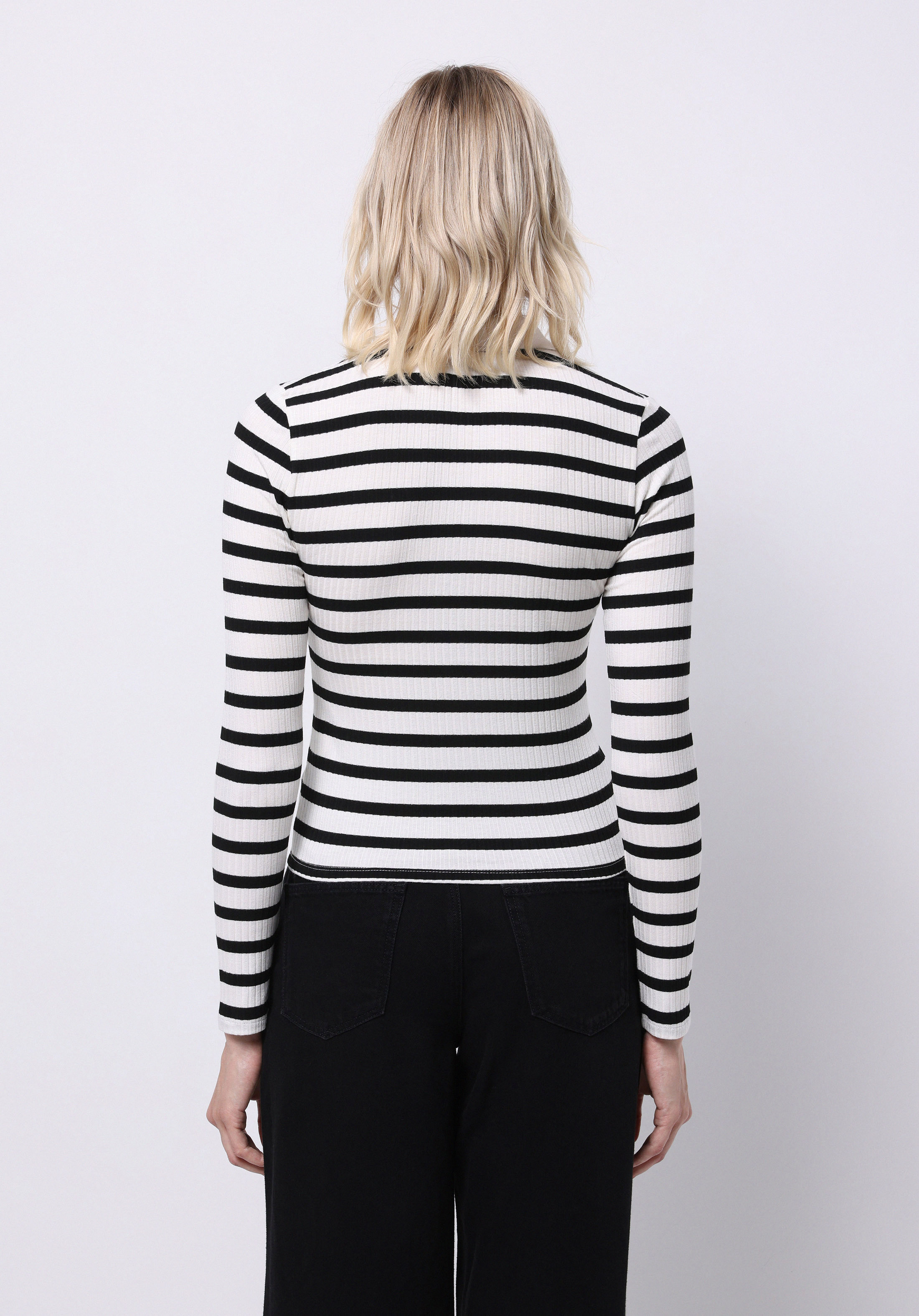 Slim Fit Polo Yaka Çizgili Kadın Siyah Uzun Kol Tişört