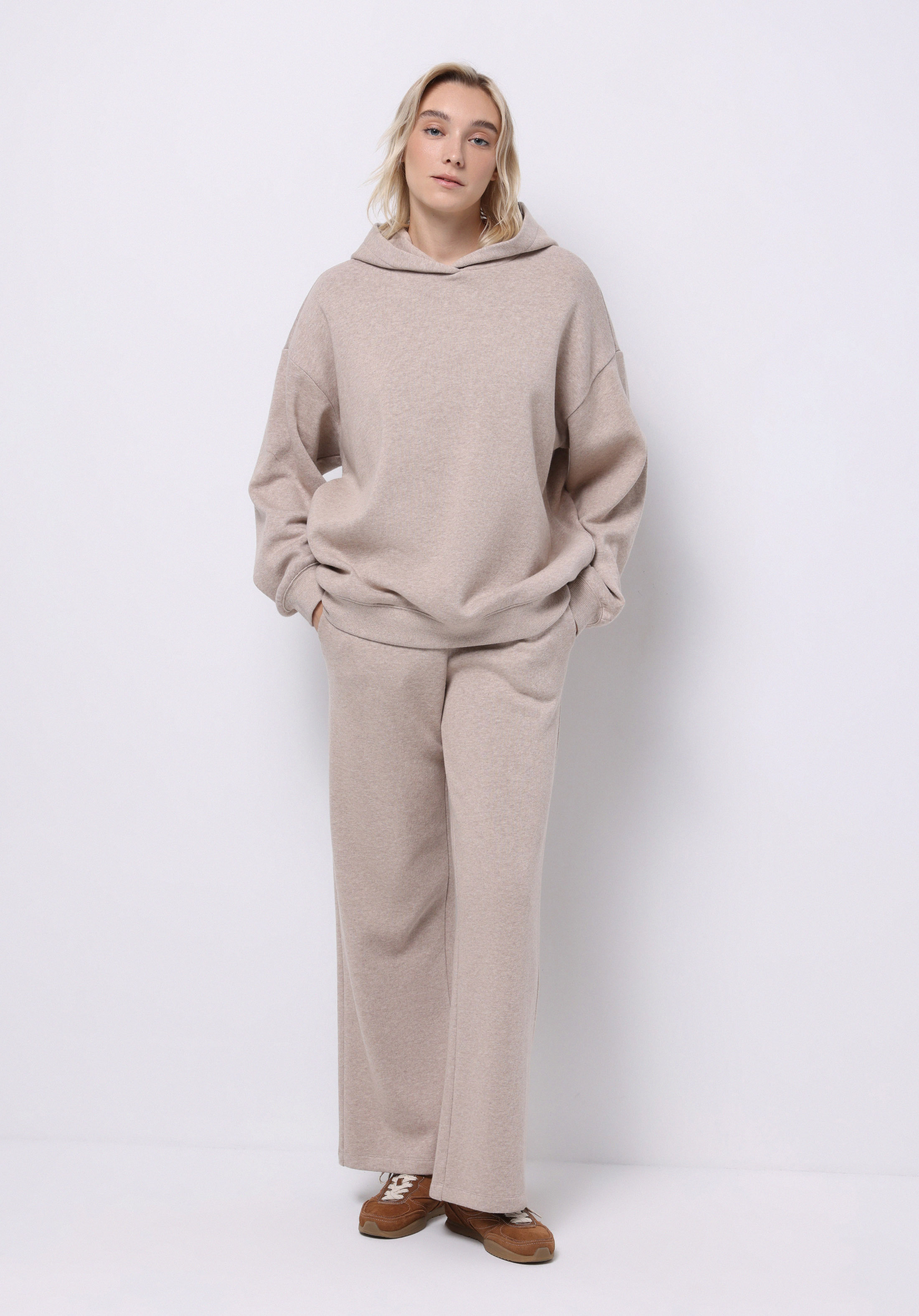 Oversize Fit Kapüşonlu Düz Kadın Bej Sweatshirt