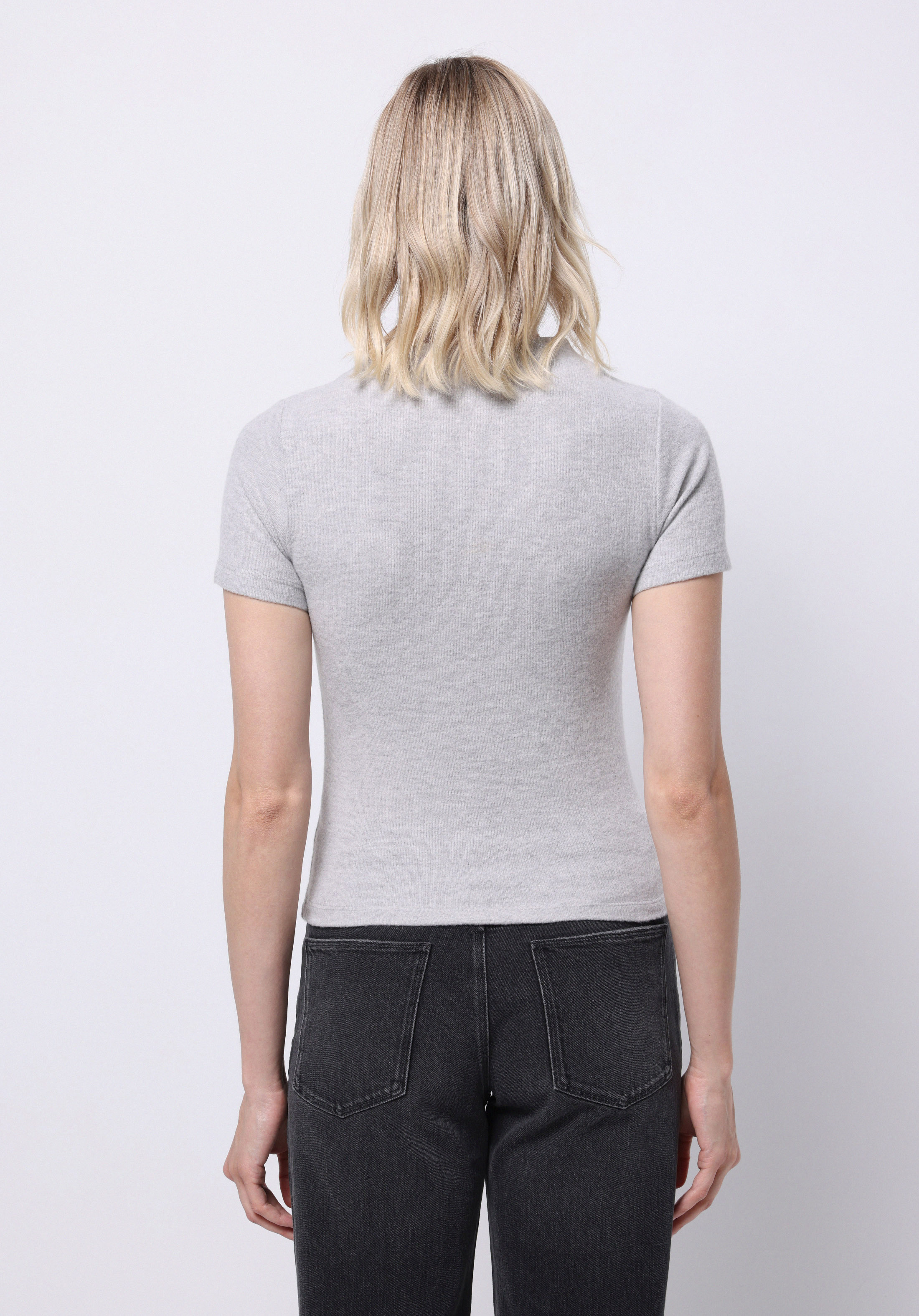 Slim Fit Dik Yaka Düz Kadın Gri Kısa Kol Tişört