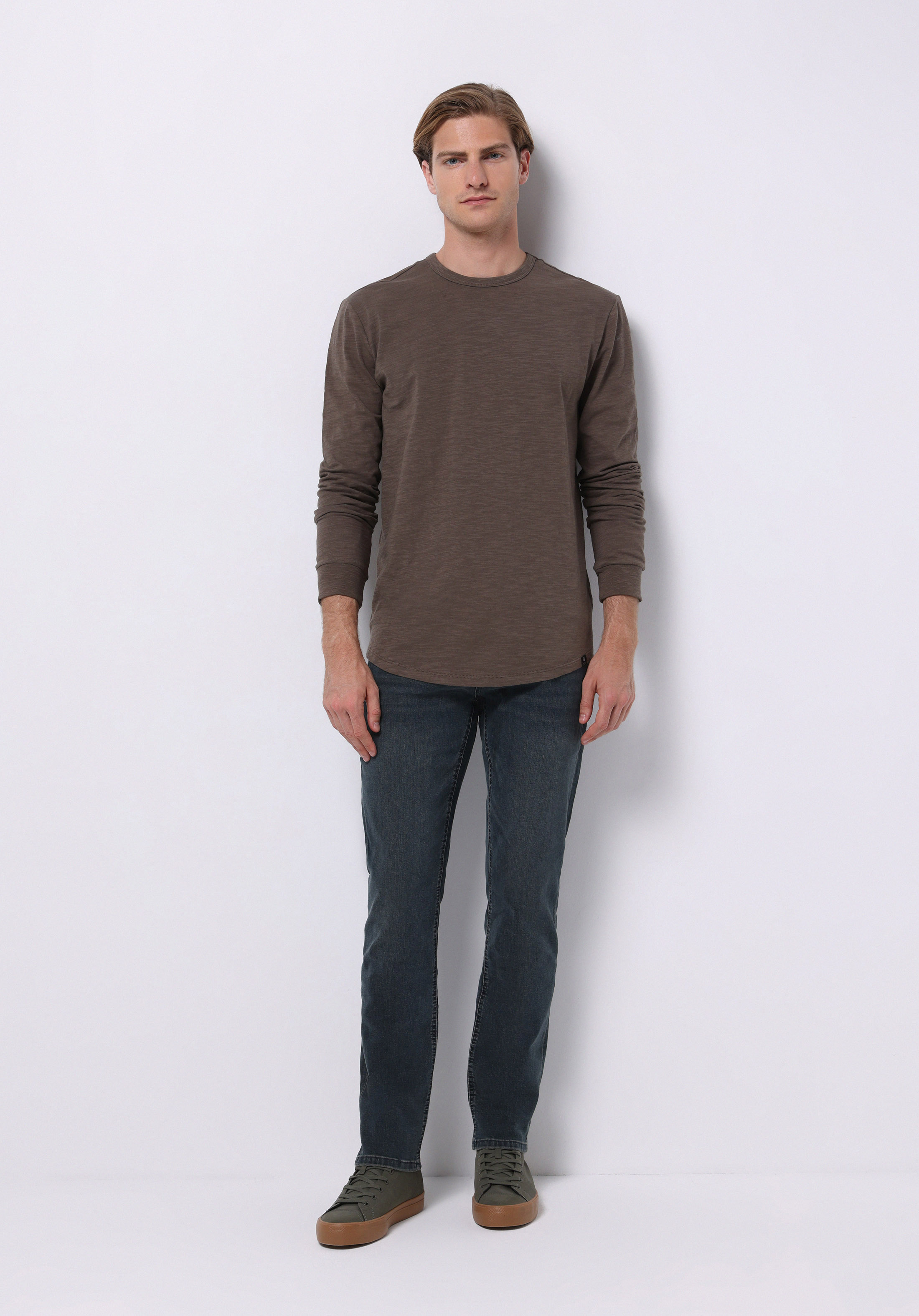 Regular Fit Yuvarlak Yaka Düz Erkek Gri Uzun Kol Tişört