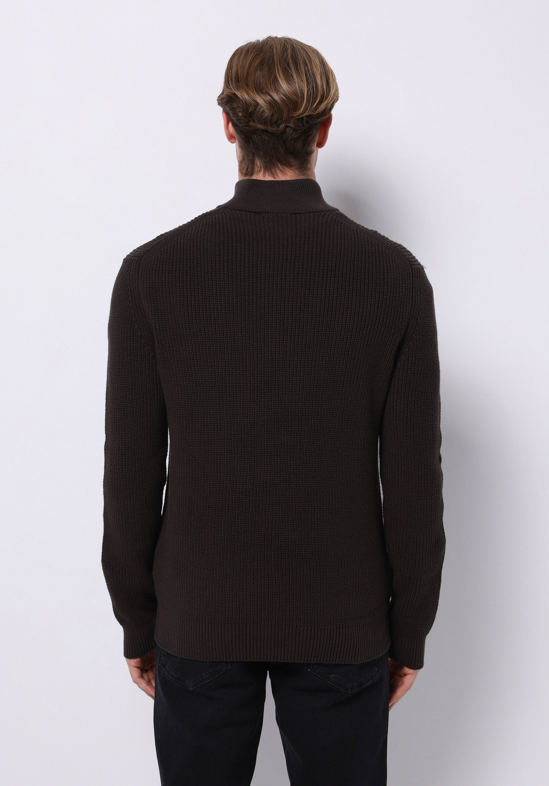 Regular Fit High Neck Jakarlı Erkek Kahverengi Kazak