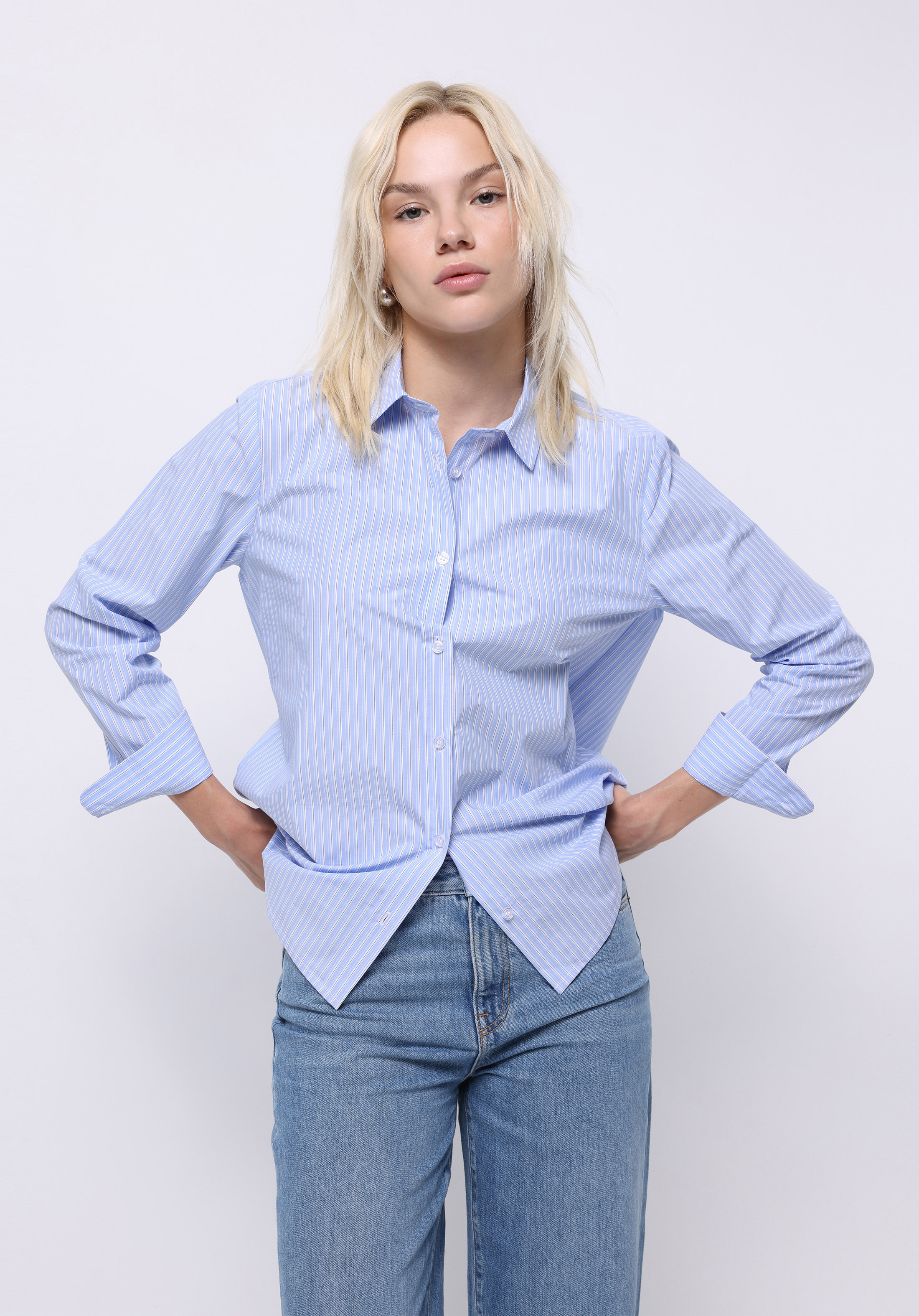 Regular Fit Shirt Neck Düz Kadın Mavi Uzun Kol Gömlek