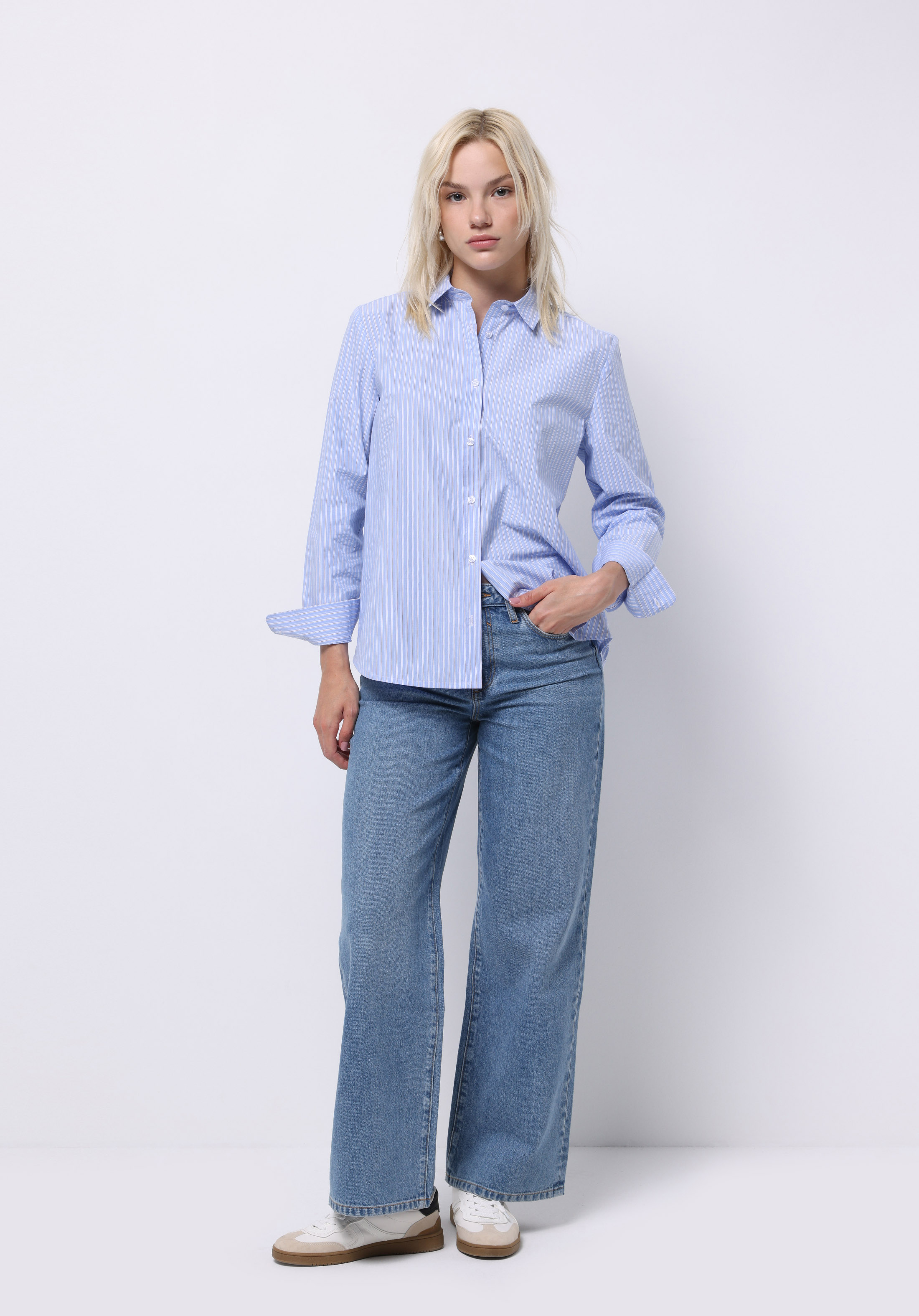 Regular Fit Shirt Neck Düz Kadın Mavi Uzun Kol Gömlek