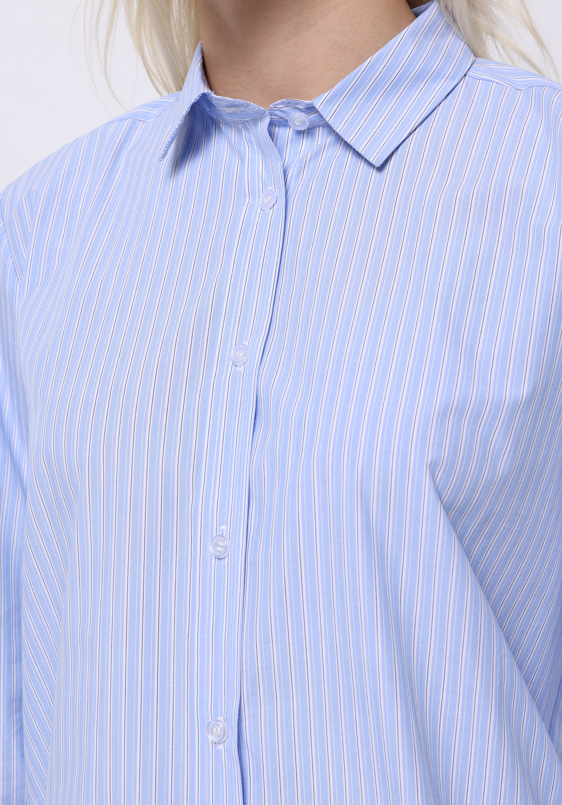 Regular Fit Shirt Neck Düz Kadın Mavi Uzun Kol Gömlek