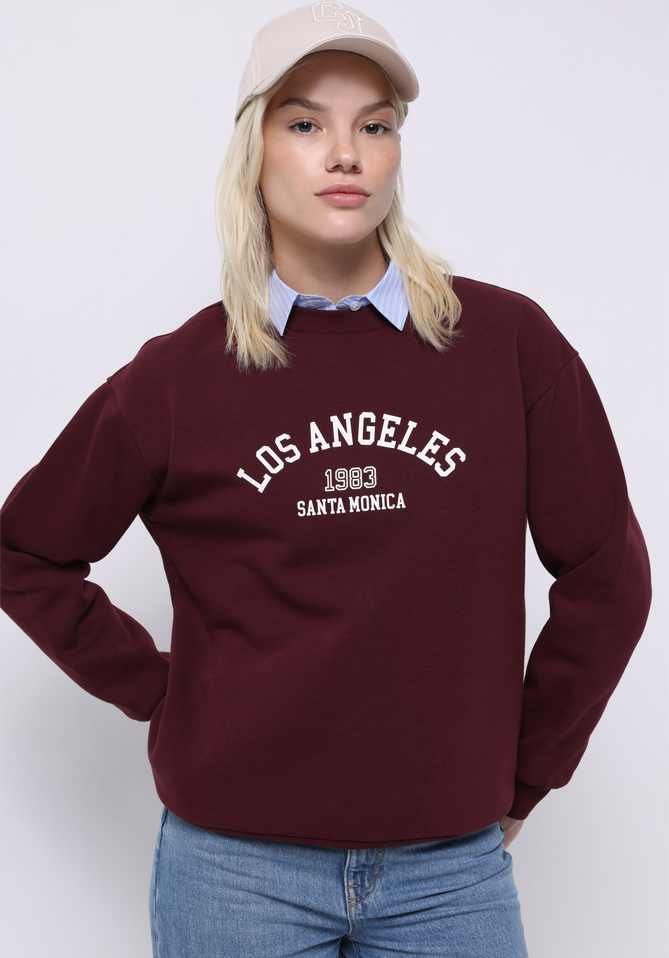 Regular Fit Yuvarlak Yaka Baskılı Kadın Bordo Sweatshirt