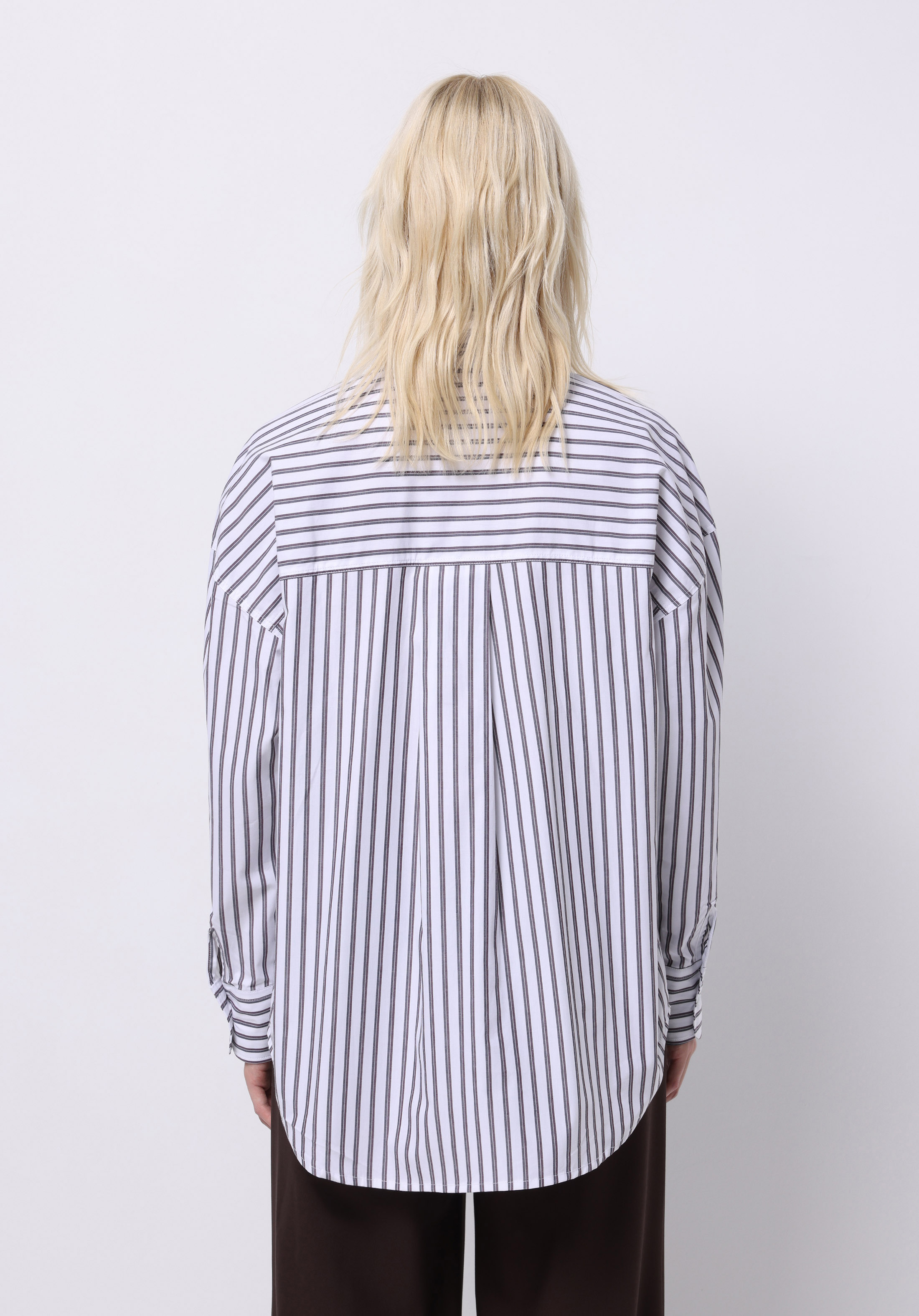 Relax Fit Shirt Neck Çizgili Kadın Mor Uzun Kol Gömlek