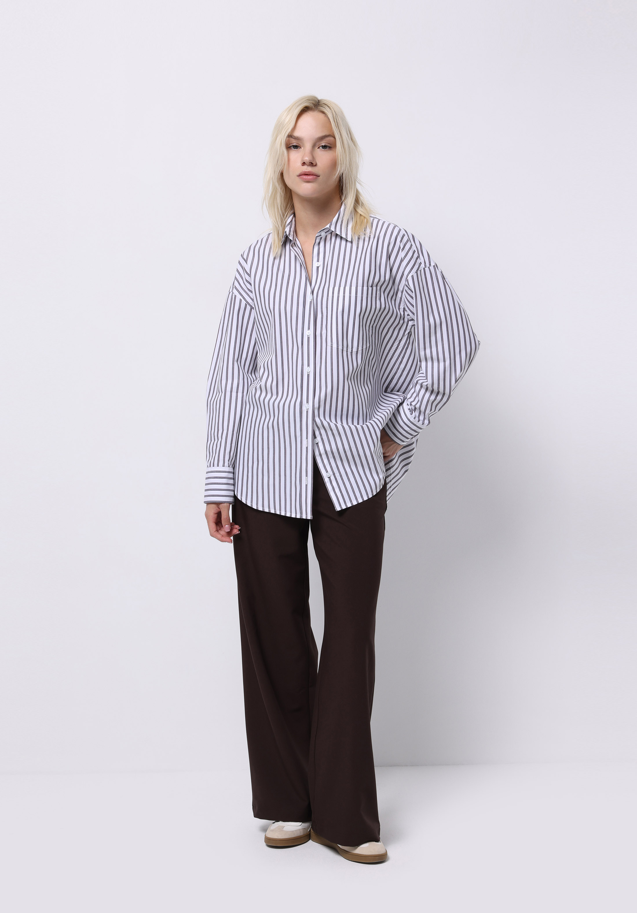 Relax Fit Shirt Neck Çizgili Kadın Mor Uzun Kol Gömlek