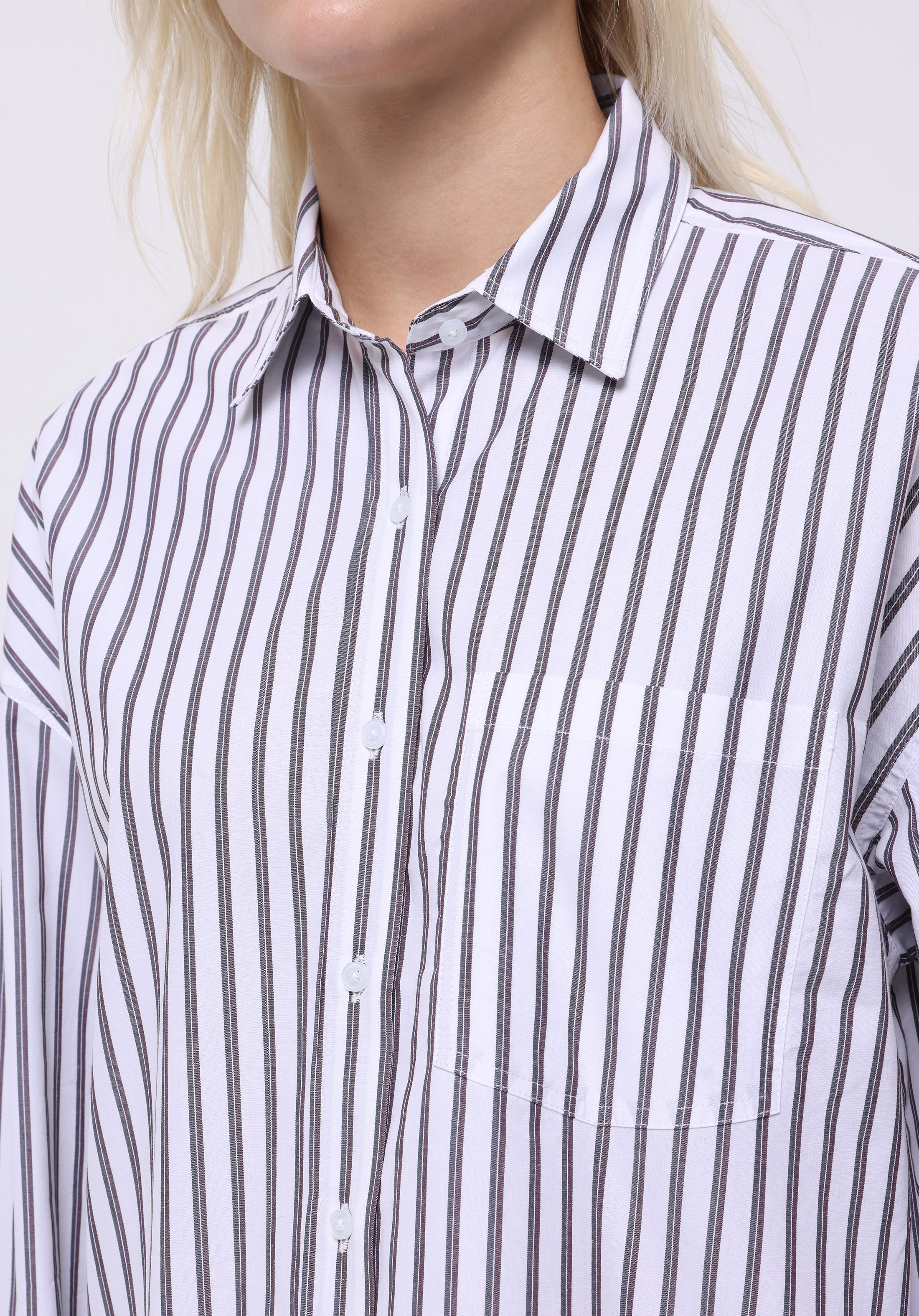 Relax Fit Shirt Neck Çizgili Kadın Mor Uzun Kol Gömlek