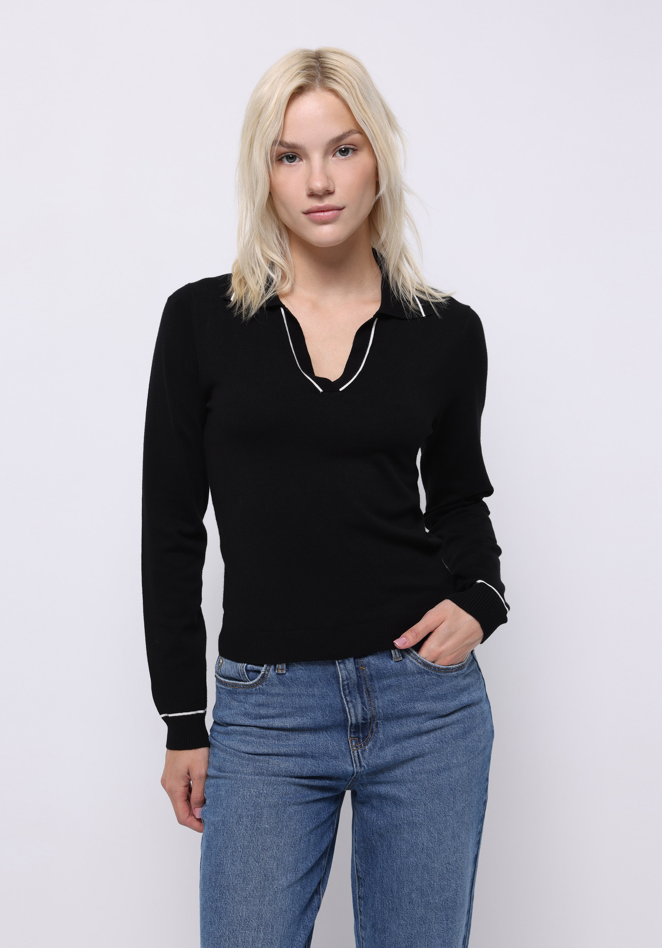 Slim Fit Polo Yaka Düz Kadın Siyah Kazak