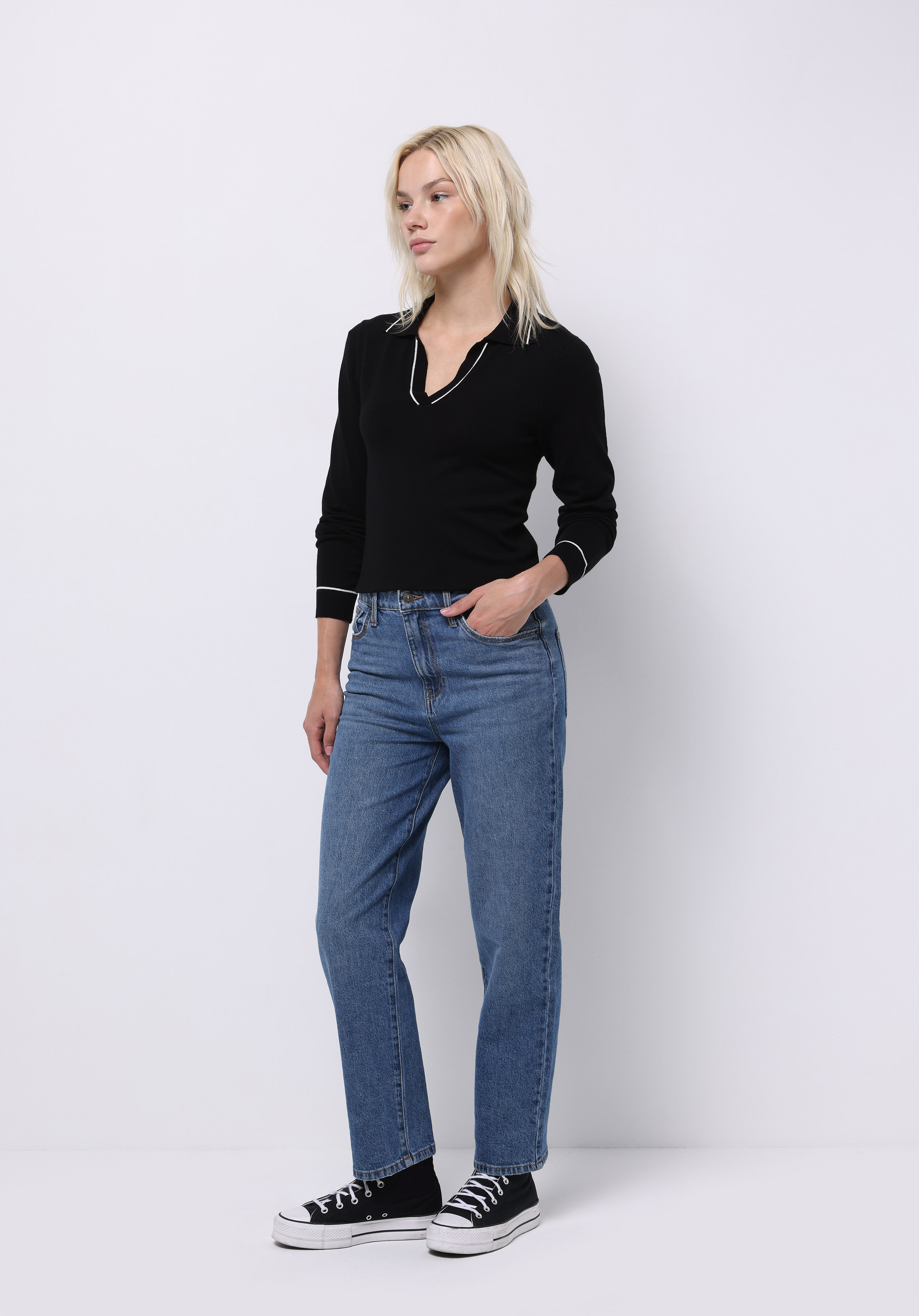 Straight Fit Yüksek Bel Düz Paça Kadın Siyah Jean Pantolon