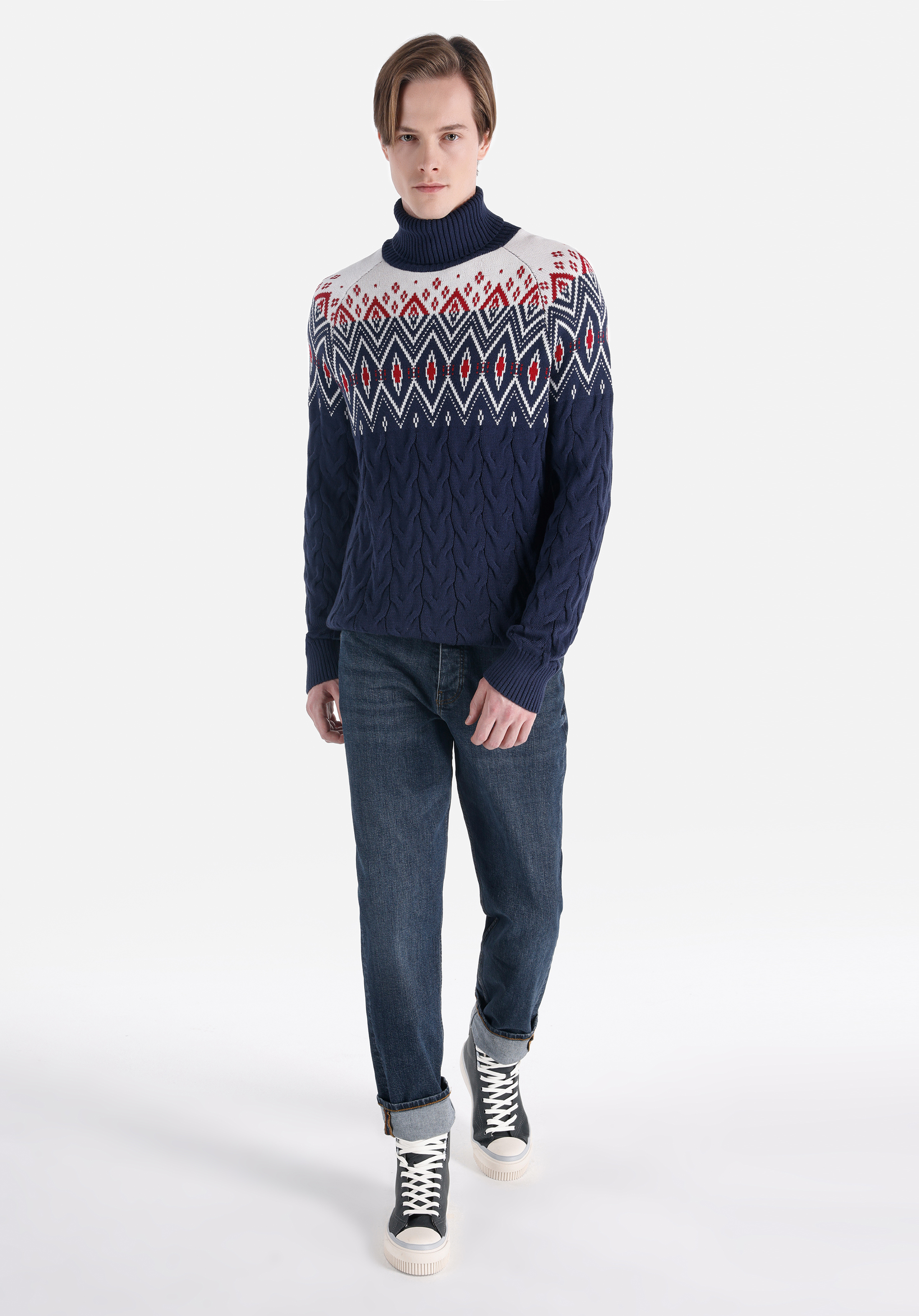 Regular Fit Turtle Neck Jakarlı Erkek Lacivert Kazak
