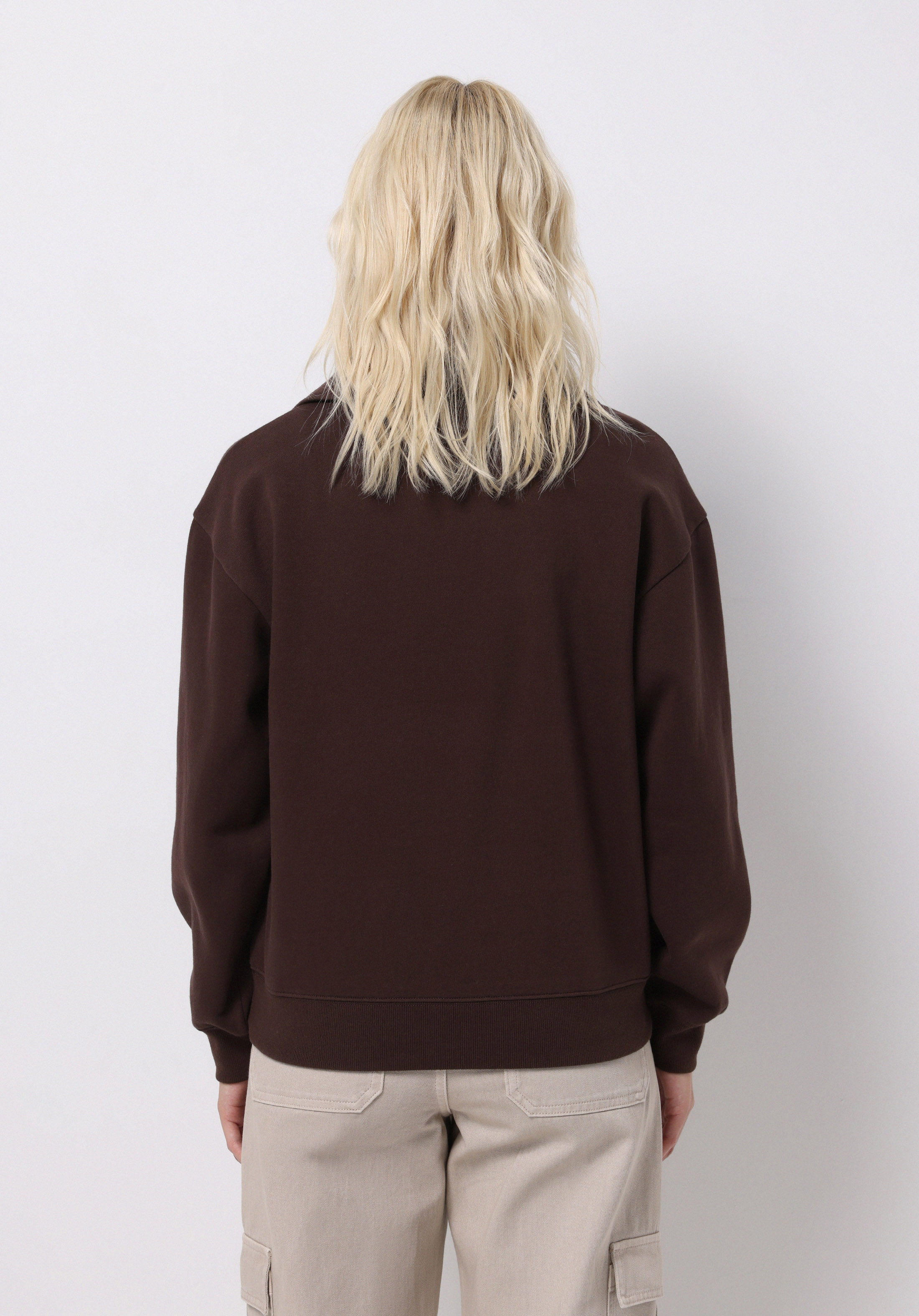 Regular Fit Fermuarlı Nakışlı Kadın Kahverengi Sweatshirt