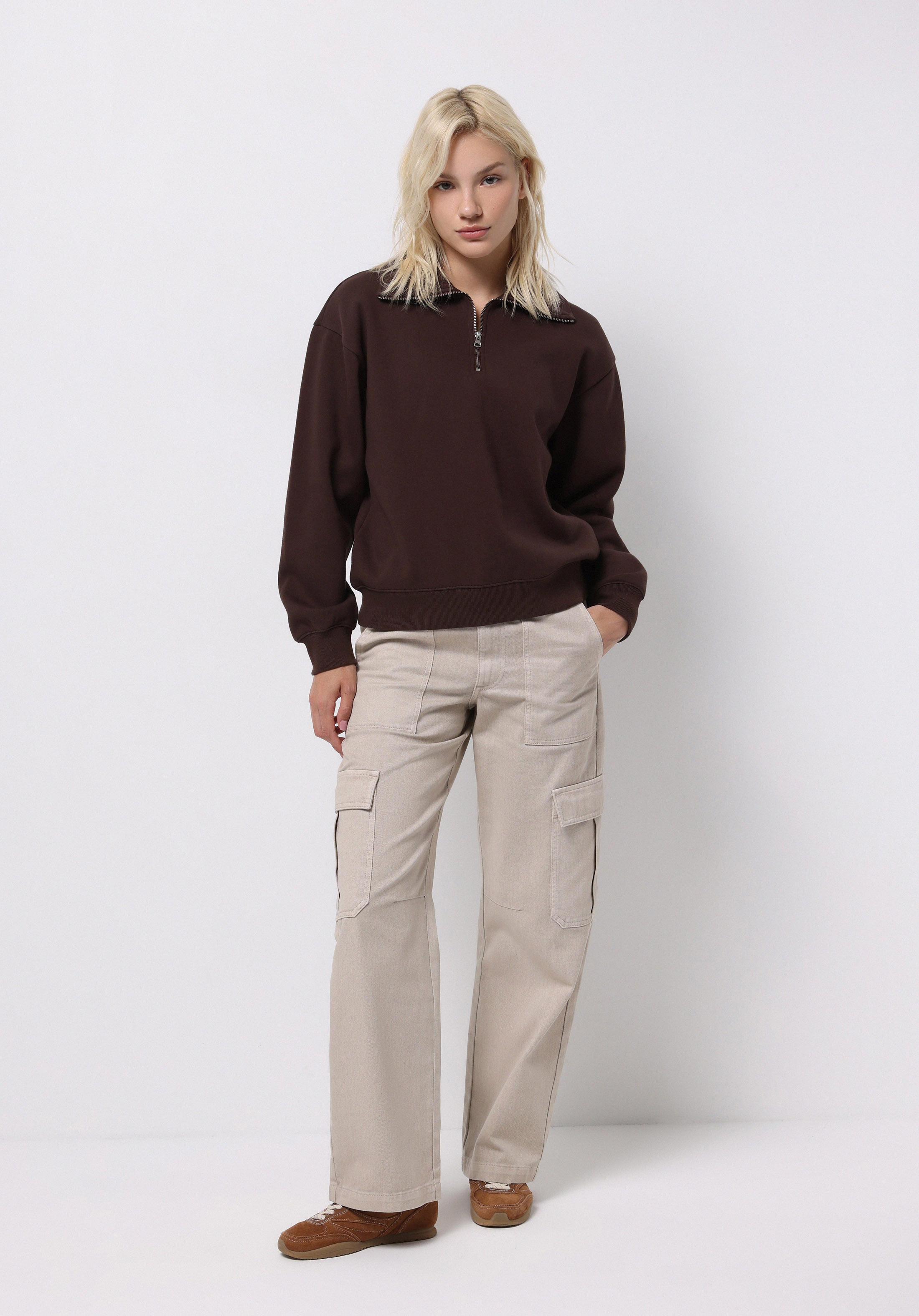 Regular Fit Fermuarlı Nakışlı Kadın Kahverengi Sweatshirt