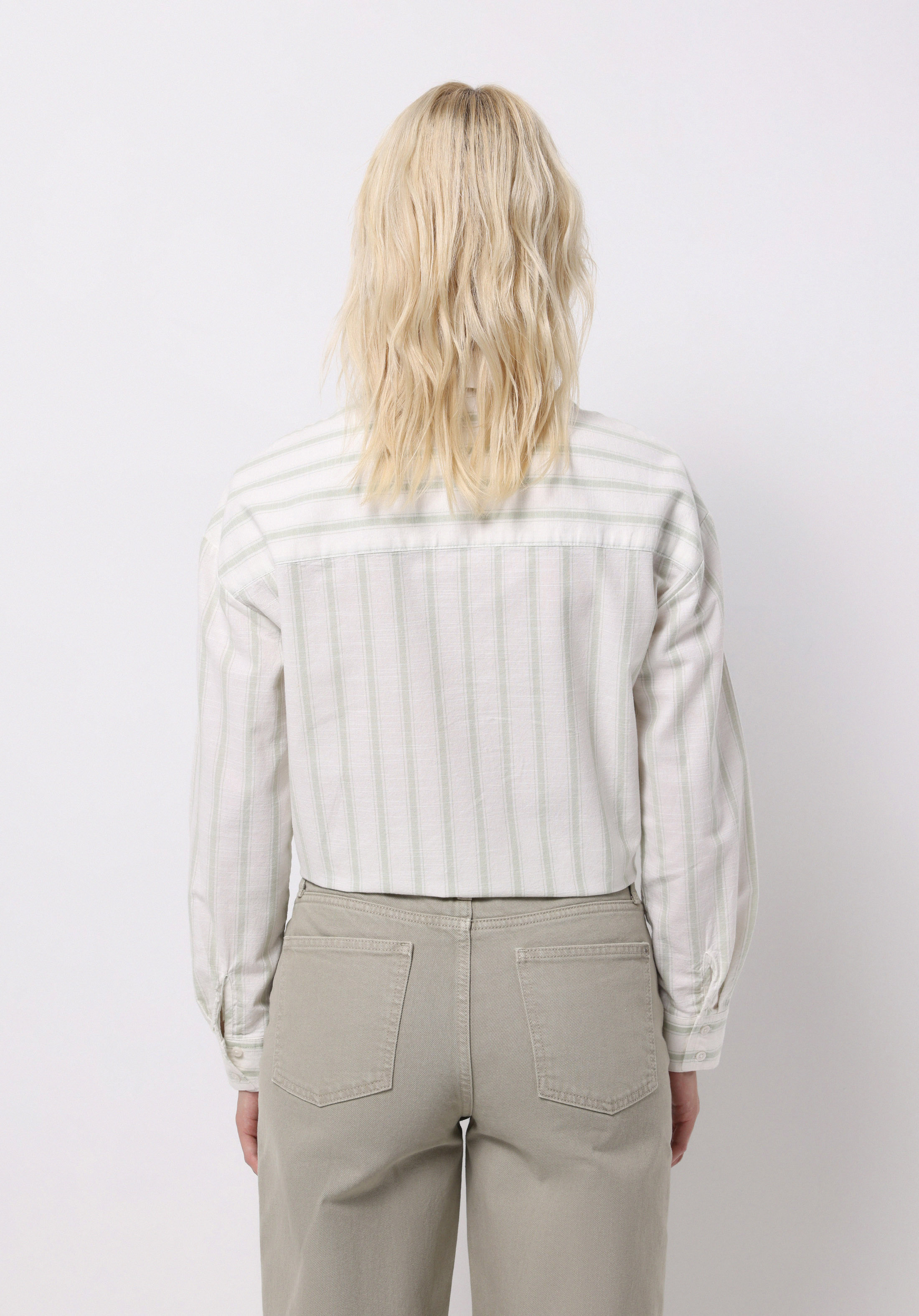 Regular Fit Shirt Neck Çizgili Kadın Yeşil Uzun Kol Gömlek