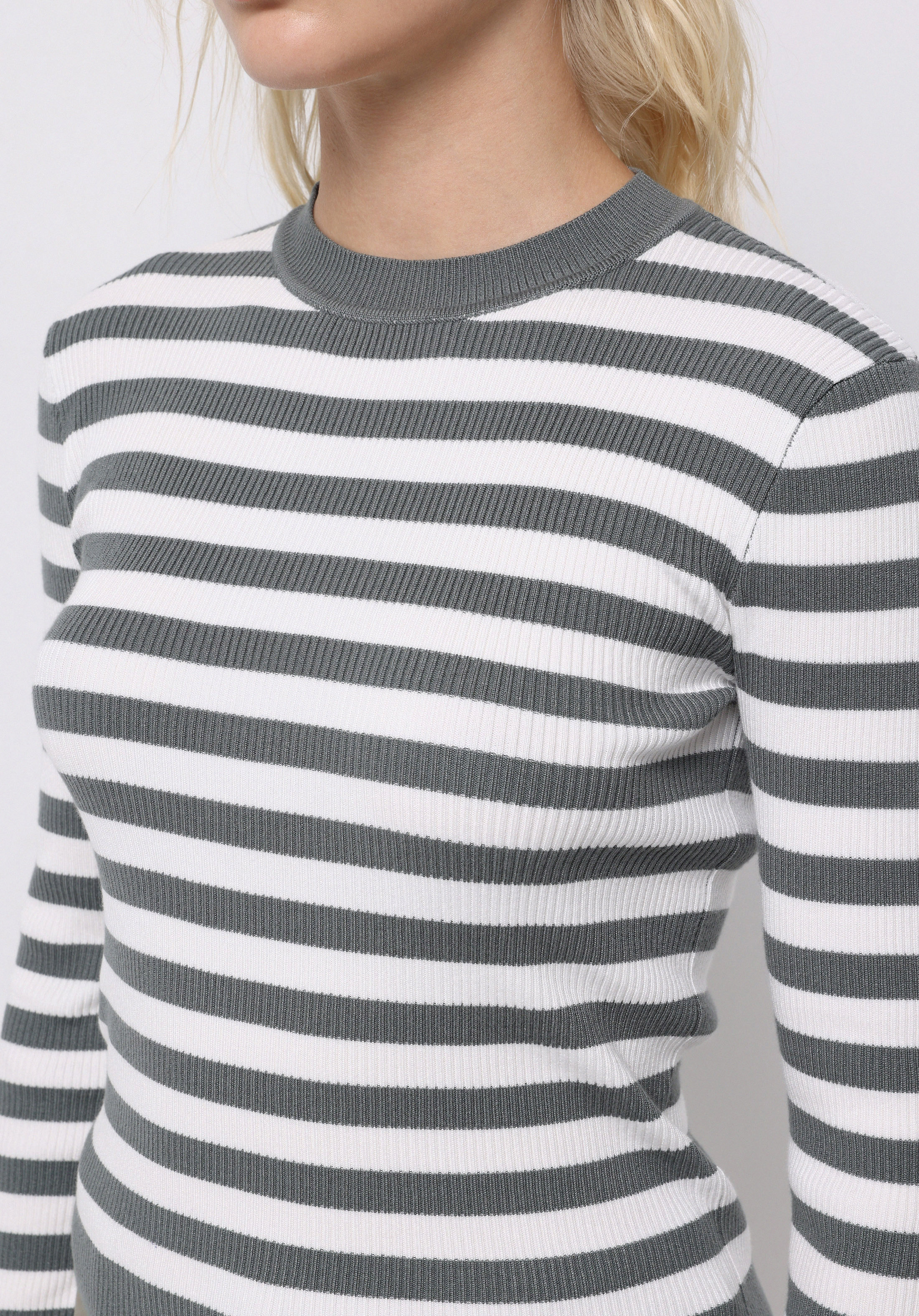 Slim Fit Yuvarlak Yaka Çizgili Kadın Yeşil Kazak