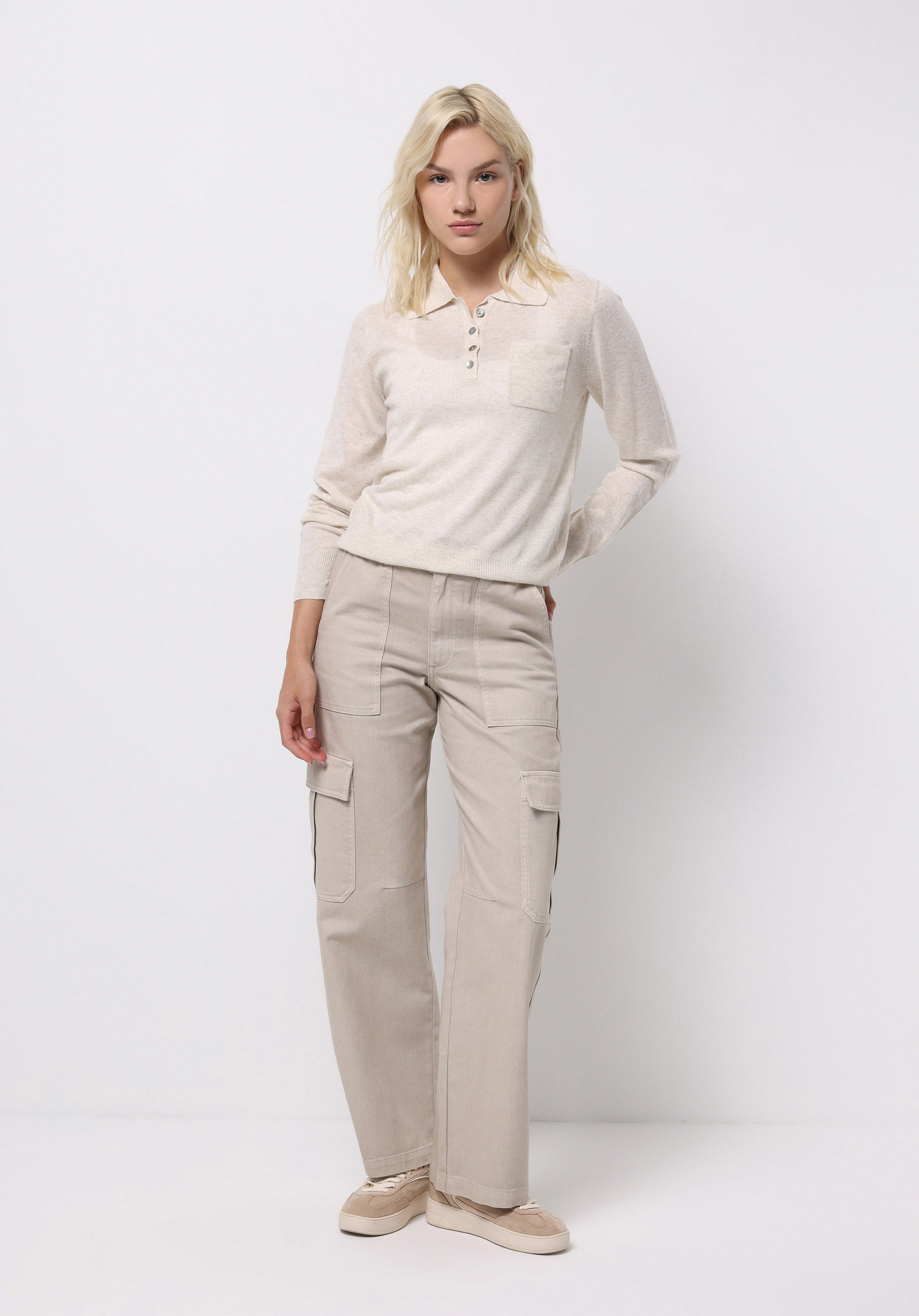 Slim Fit Polo Yaka Düz Kadın Ekru Kazak