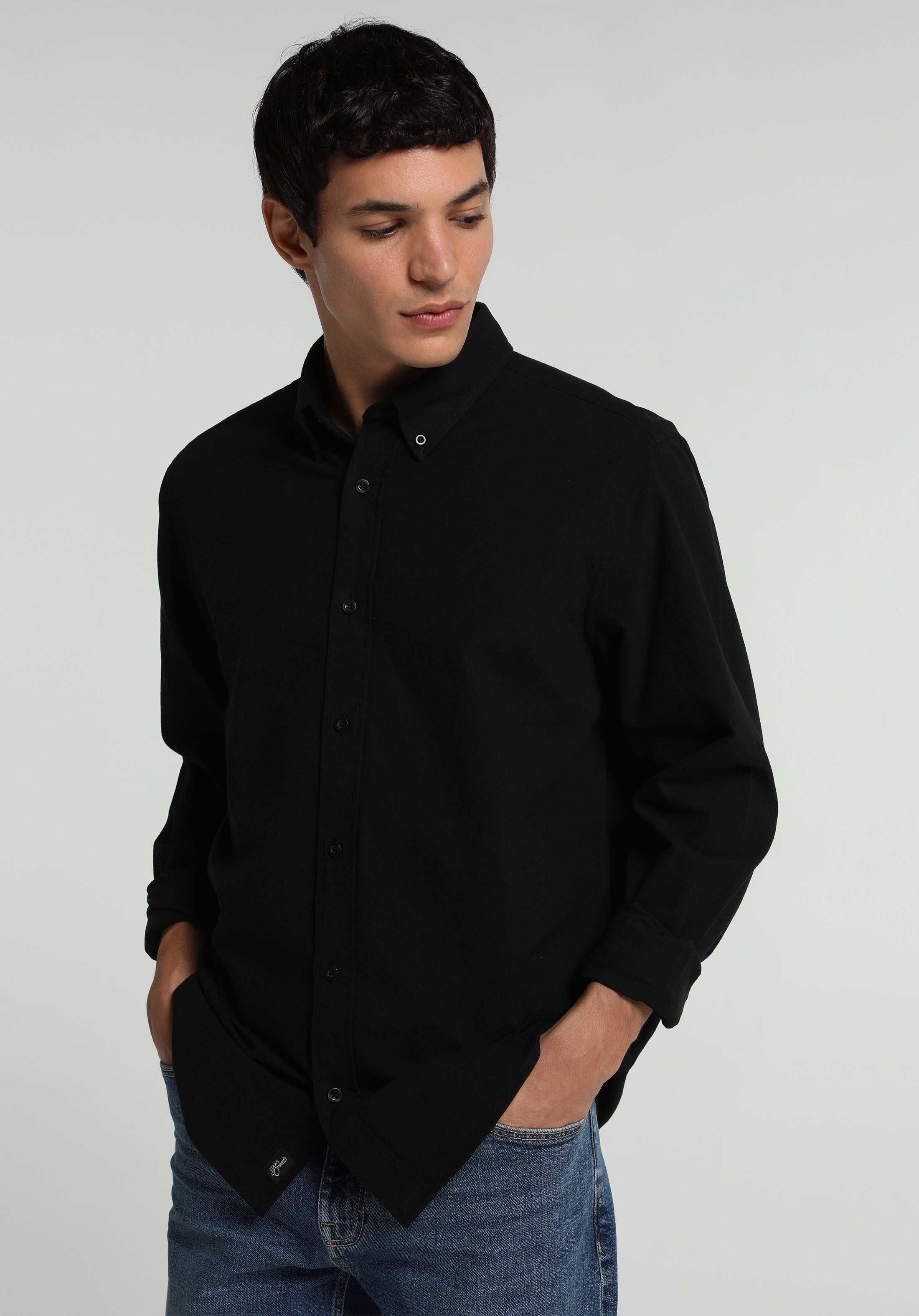 Regular Fit Shirt Neck Düz Erkek Siyah Uzun Kol Gömlek