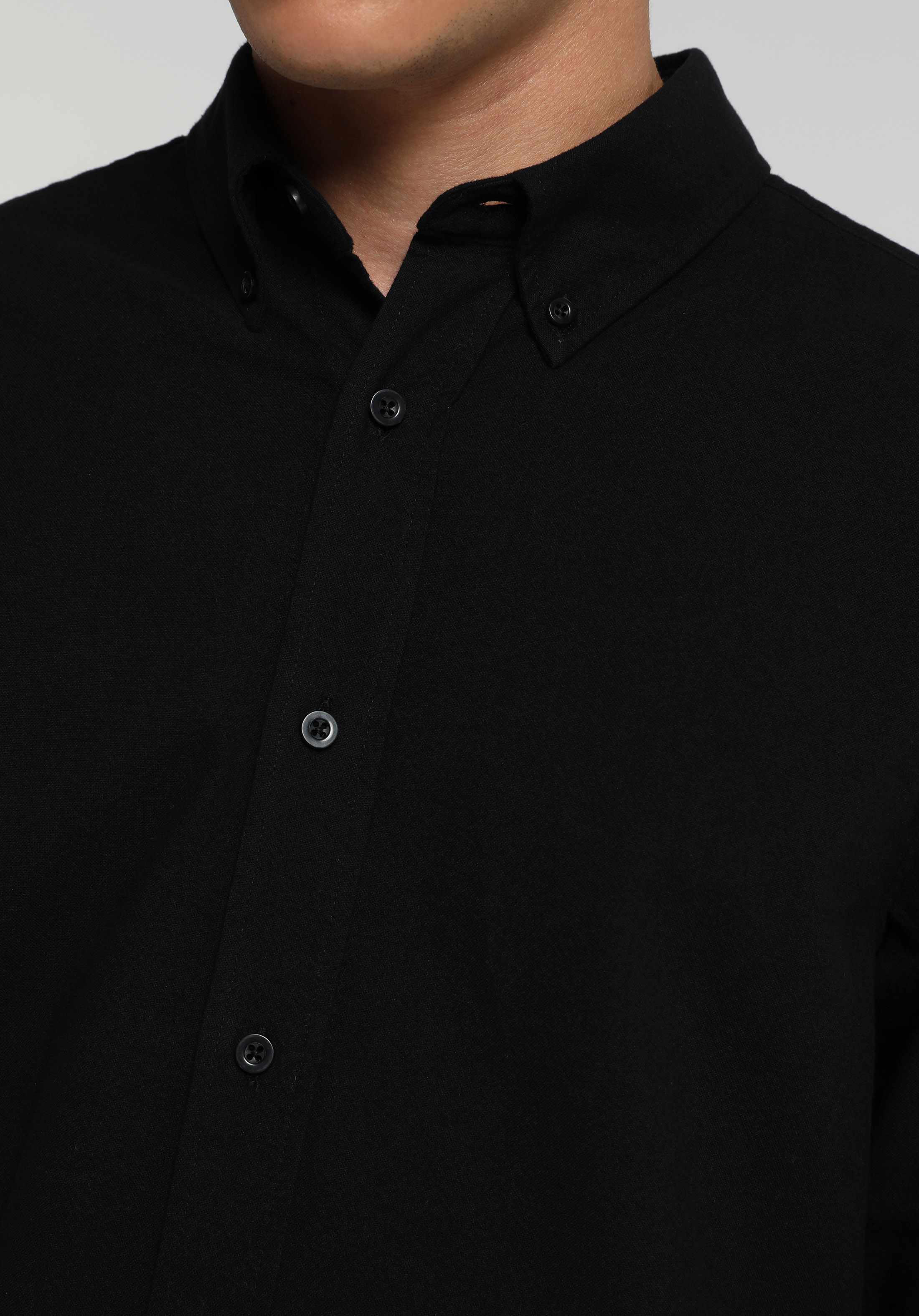 Regular Fit Shirt Neck Düz Erkek Siyah Uzun Kol Gömlek