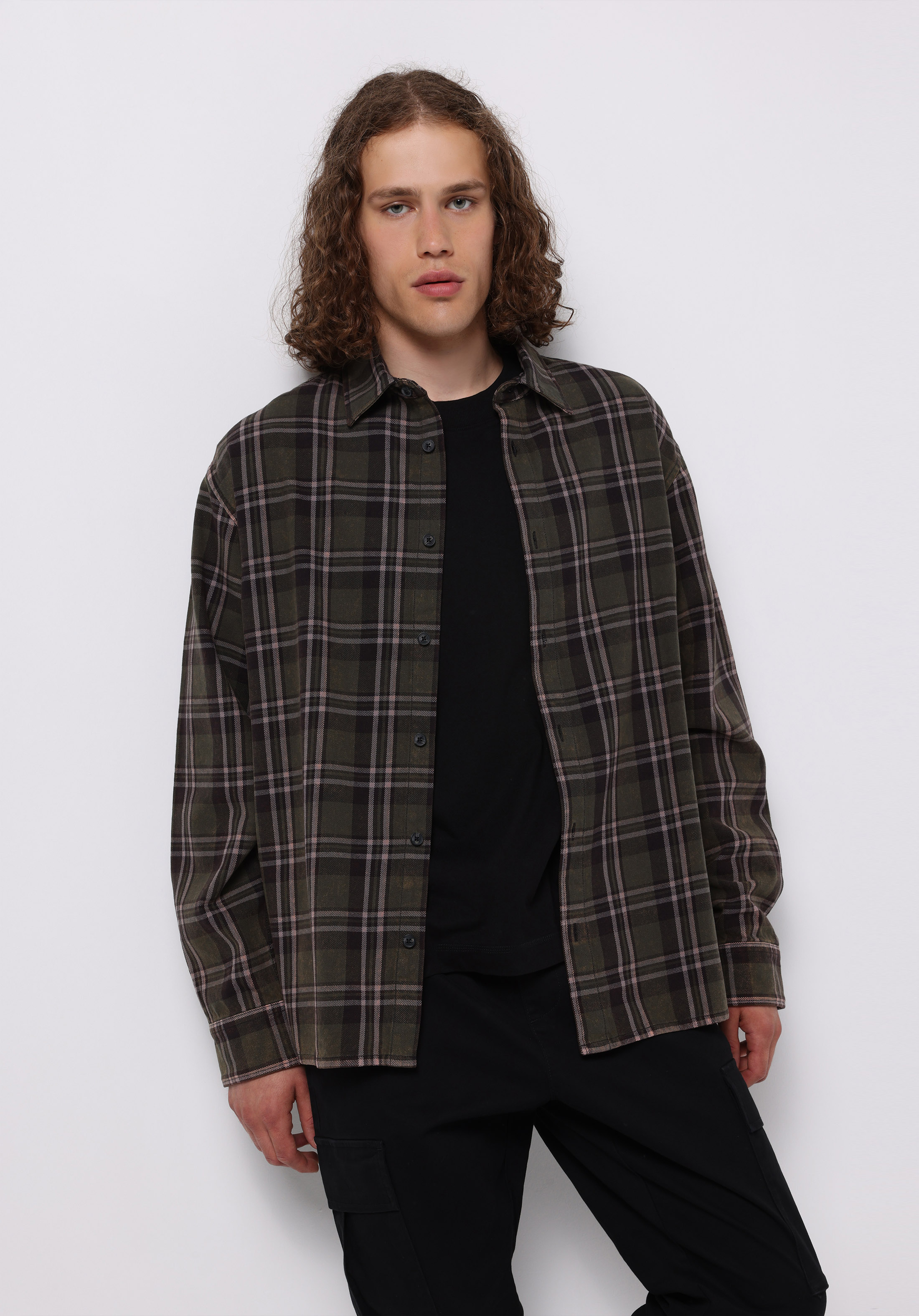 Comfort Fit Shirt Neck Ekoseli Erkek Yeşil Uzun Kol Gömlek