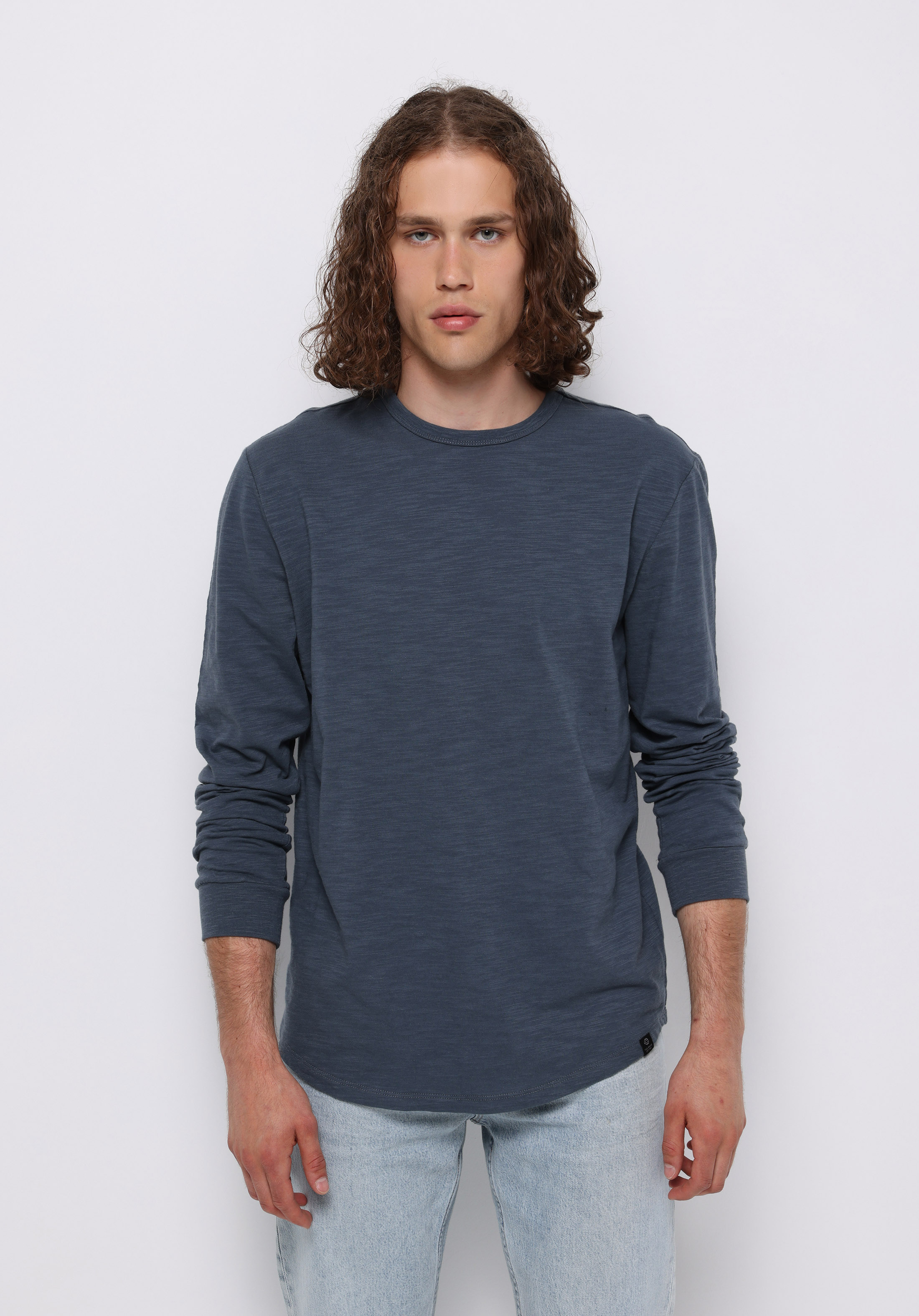 Regular Fit Yuvarlak Yaka Düz Erkek Mavi Uzun Kol Tişört